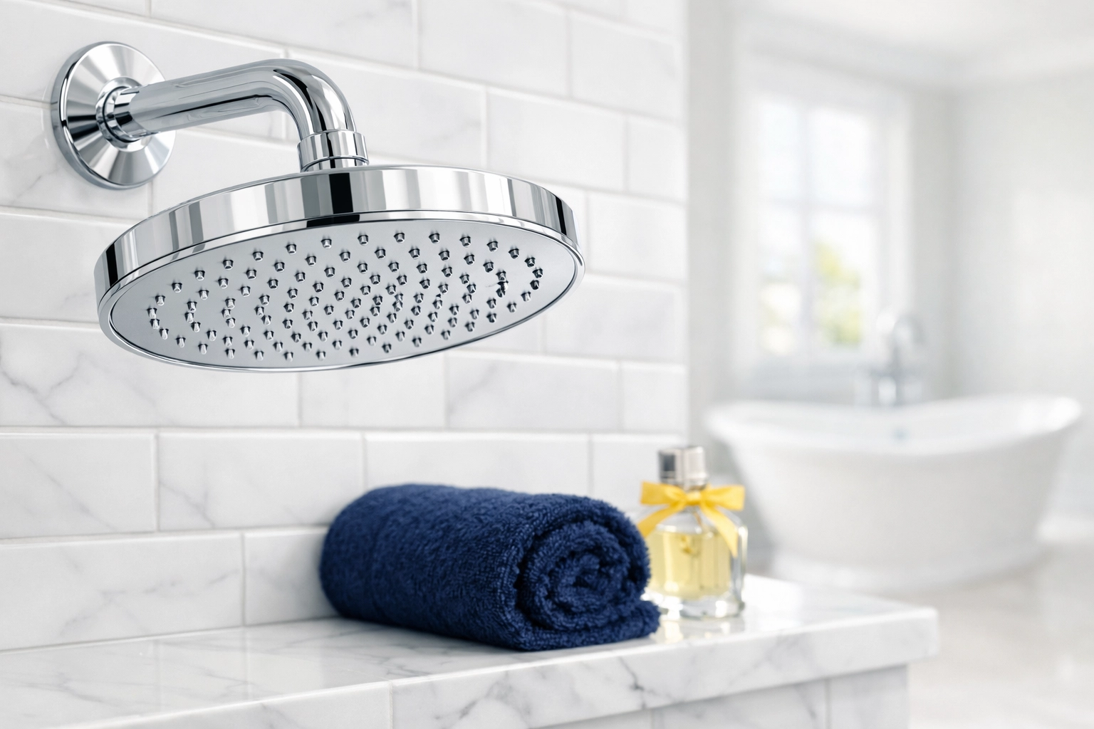 Sparkling clean luxury bathroom in Newton with sanitized marble grout and polished chrome fixtures.