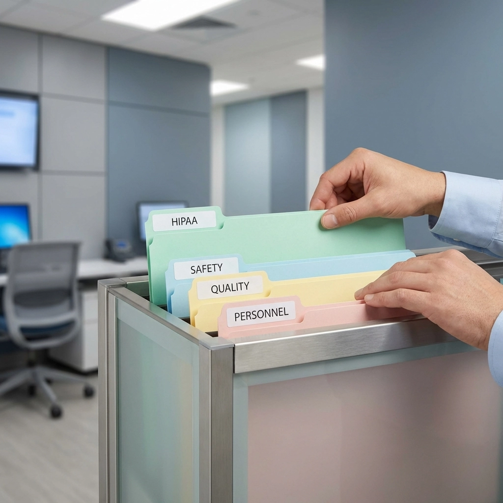 Healthcare administrator organizing color-coded compliance folders for state reporting requirements