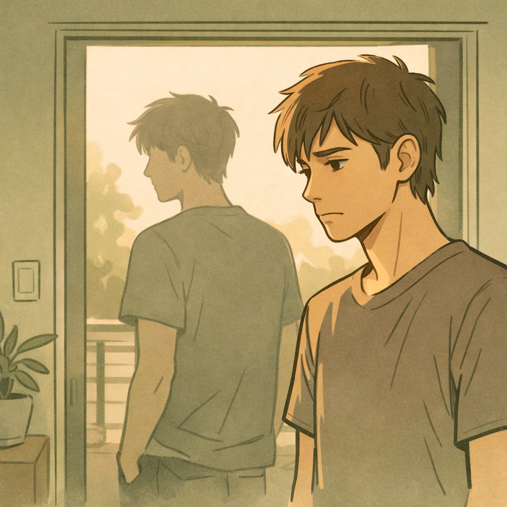 Step-brothers in doorway depicting forbidden attraction and bisexual identity confusion