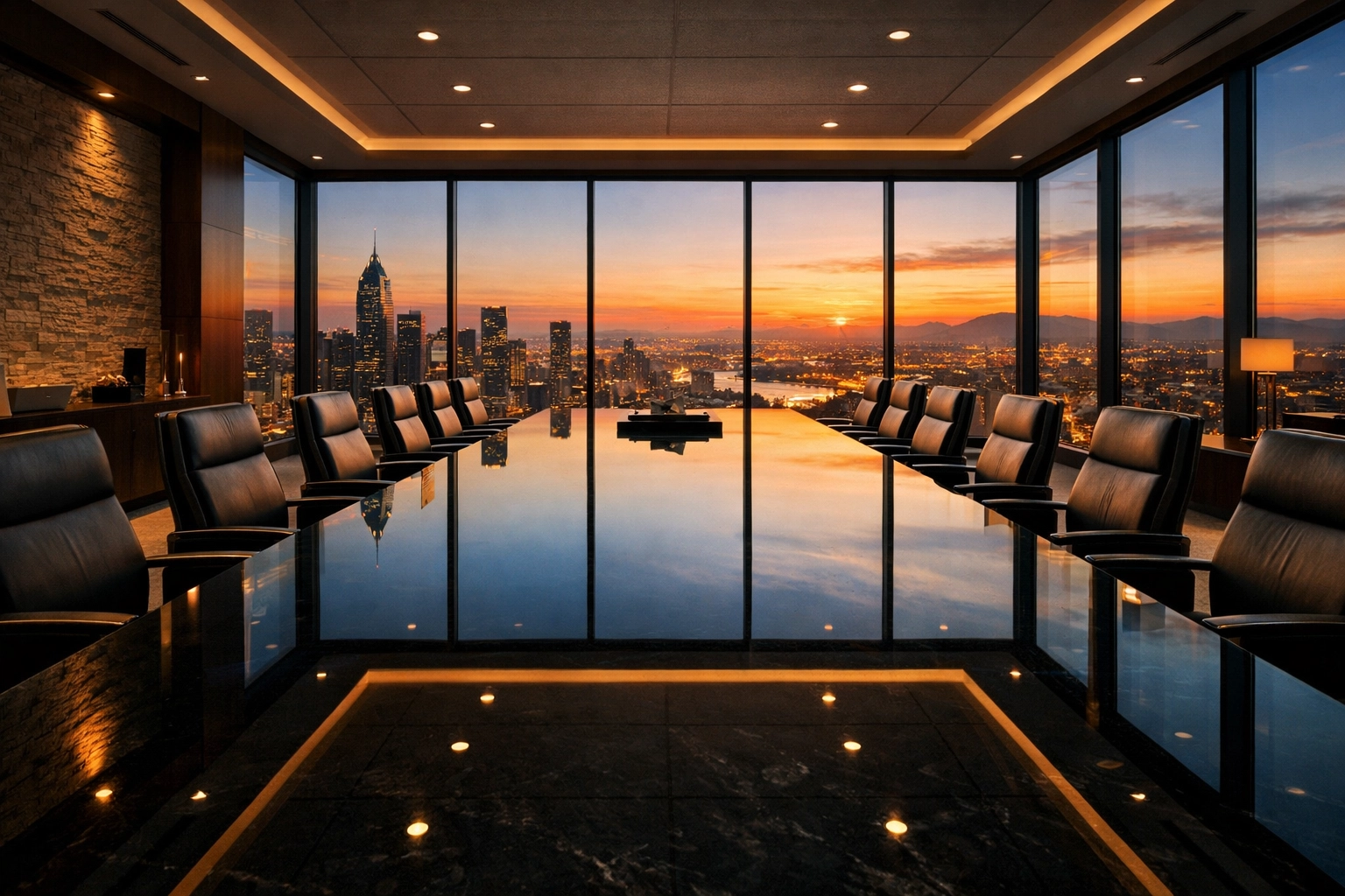 A luxury corporate boardroom overlooking a city skyline, representing high-level music industry consulting success.