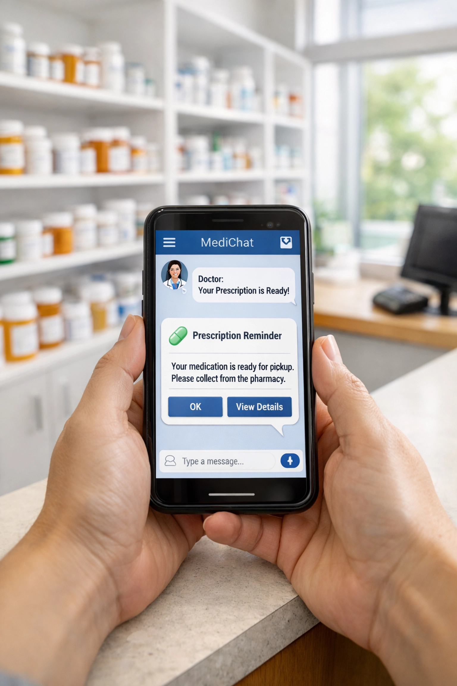 Patient using smartphone for pharmacy telehealth prescription refill at modern pharmacy counter