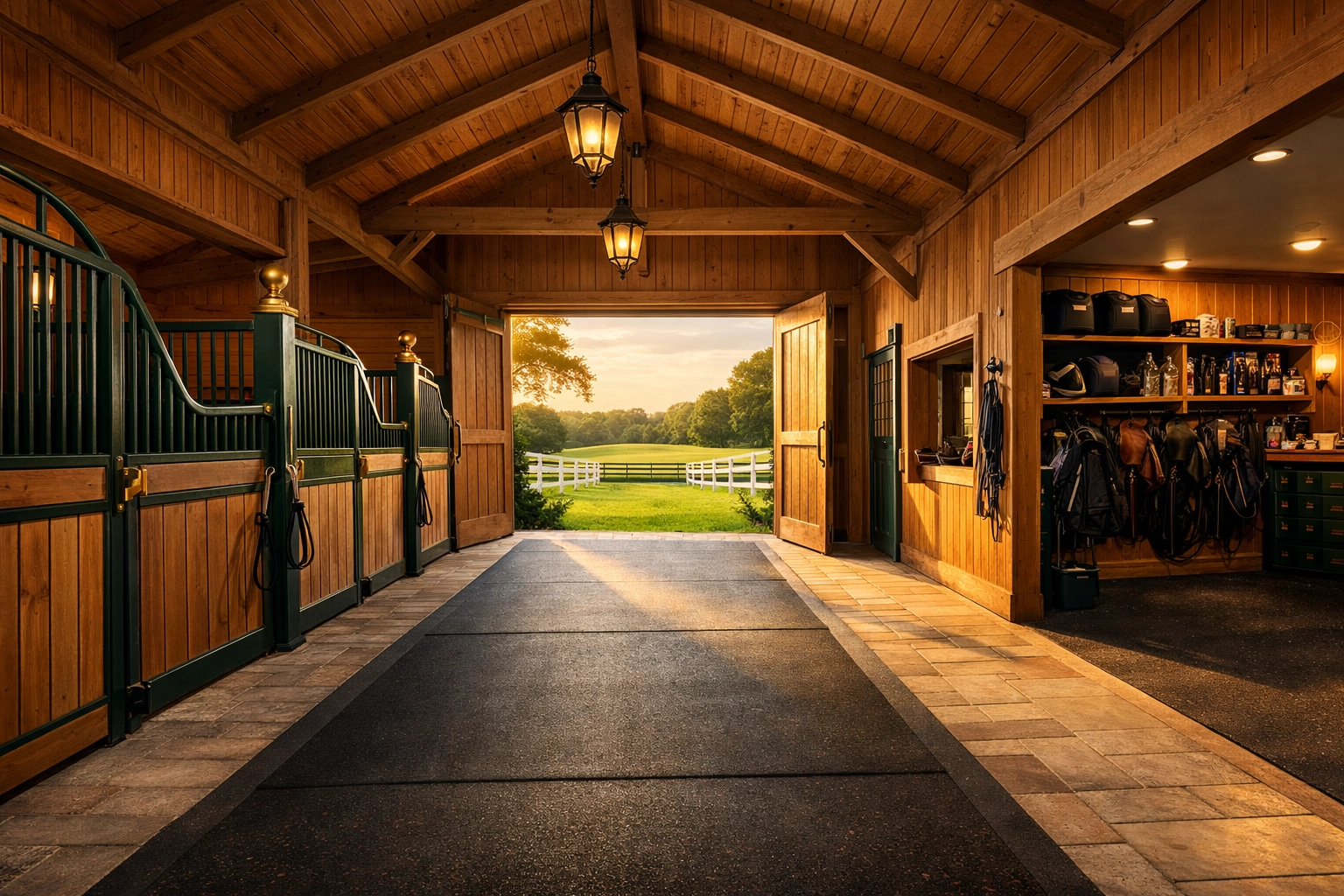Well-maintained horse barn aisle with clean flooring, organized tack room, and pasture access