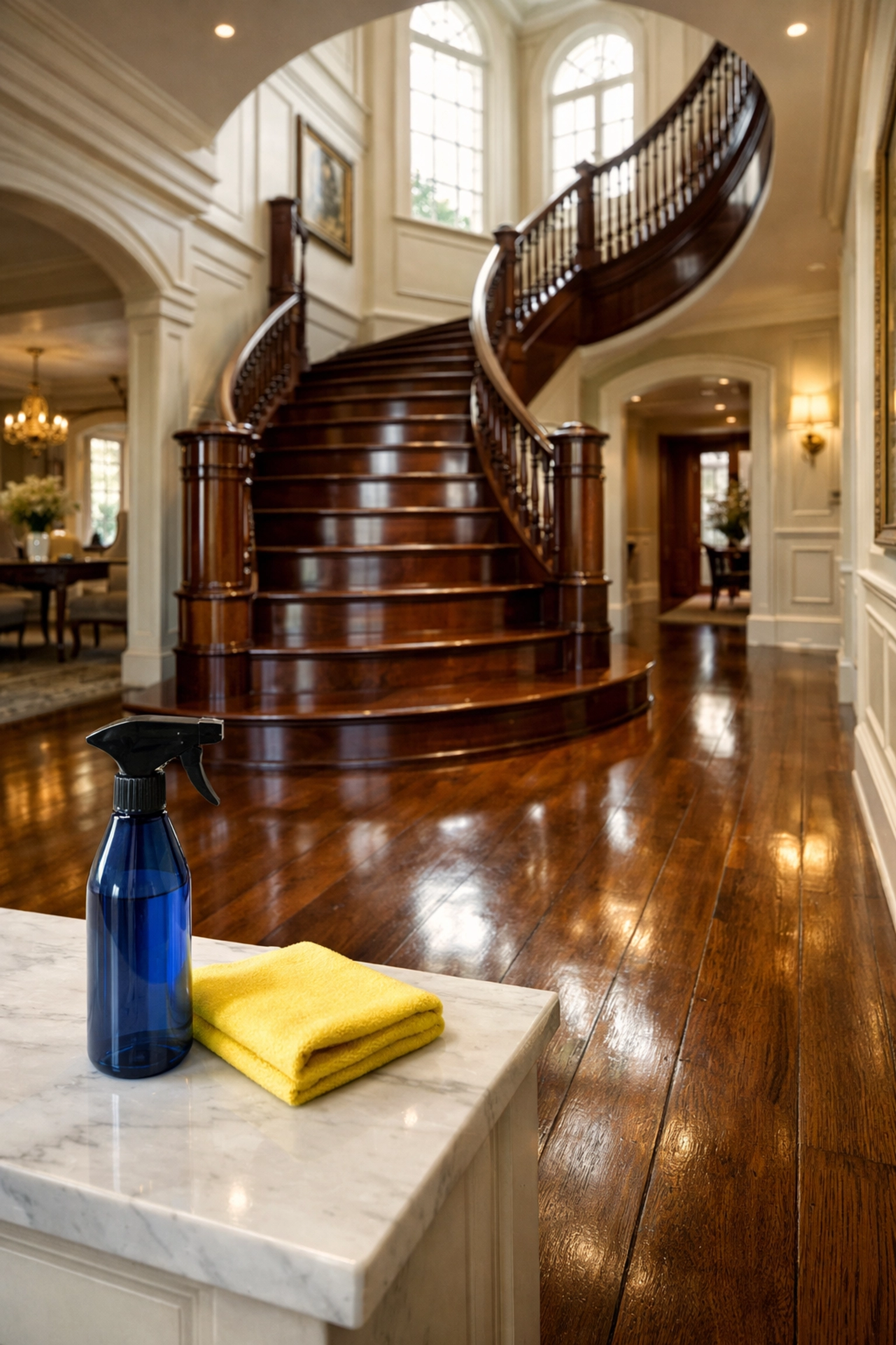 Professionally cleaned luxury Hamilton estate entryway with polished mahogany stairs and hardwood floors.