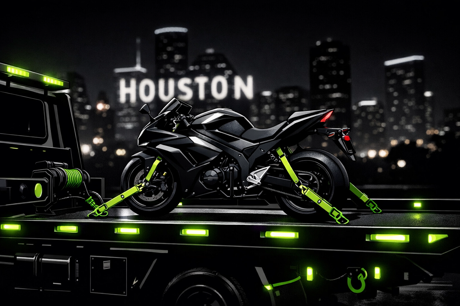 Professional motorcycle towing Houston service on a flatbed truck in downtown Houston.