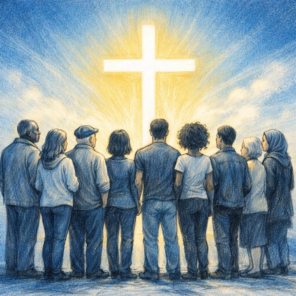 Men and women standing together in equality at the cross representing unity in Christ