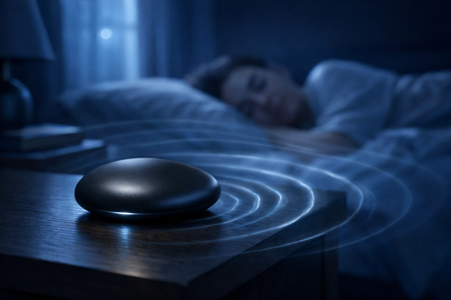 Modern nearable sleep tracking device monitoring a person's rest using non-intrusive radar technology.