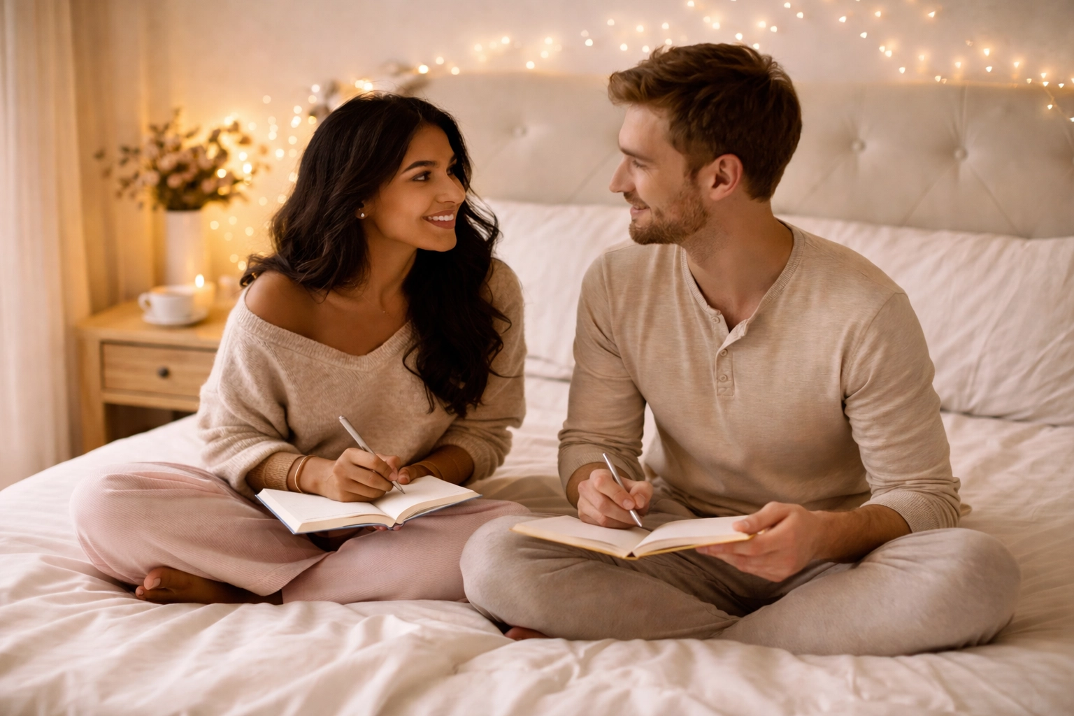 South Asian woman and Caucasian man planning wedding priorities together in cozy bedroom