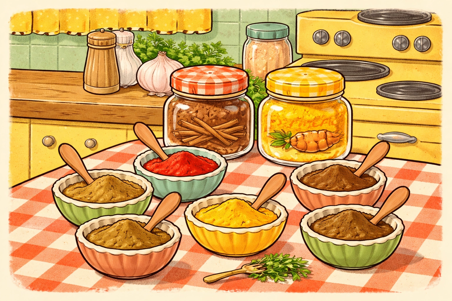 A vintage kitchen scene with bowls of colorful spice paints and jars of cinnamon and turmeric for kids' sensory painting activity.
