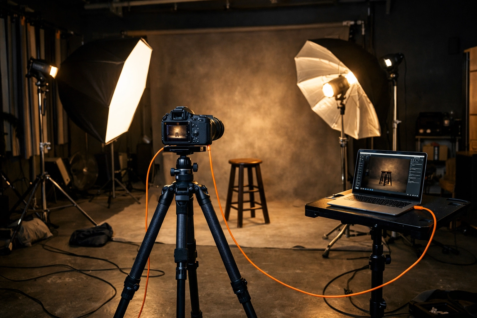 Professional photography studio setup with lighting and a tethered camera for corporate headshots.