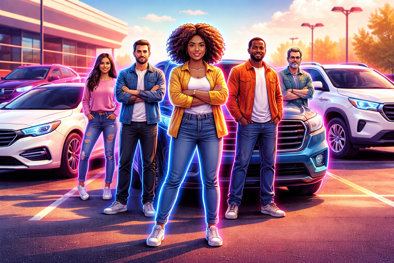 Diverse customers stand by a variety of vehicles at an Arnold car dealership, symbolizing Grateful Motors' inclusive same day Sign & Drive program for all credit types.