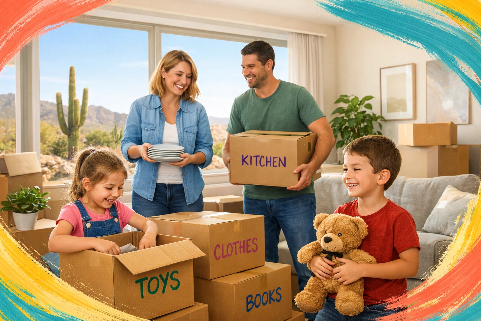 Family unpacking and settling into their new Arizona home after successful relocation