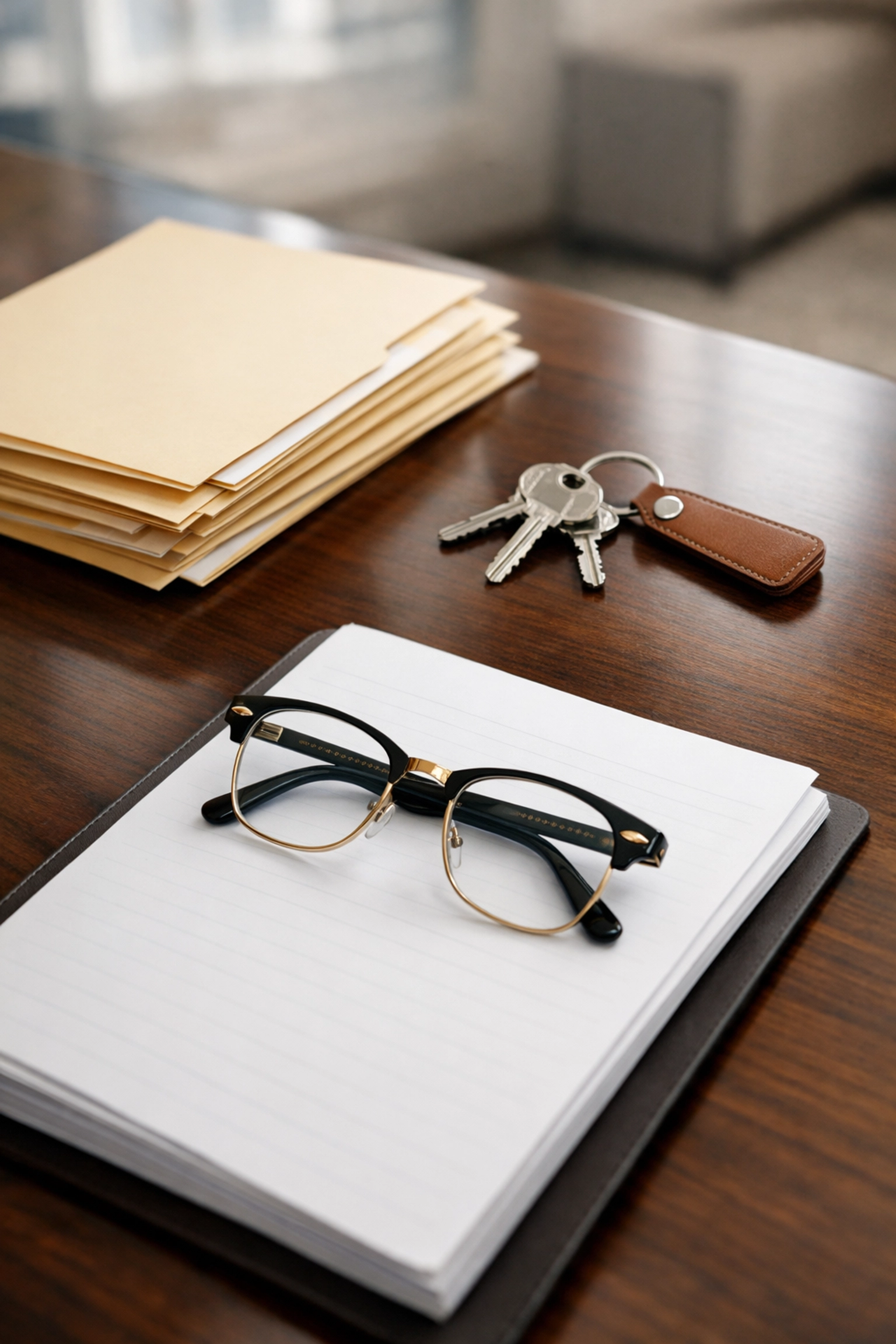 Legal folders and house keys on an office desk representing Florida mobile home storage lien requirements.