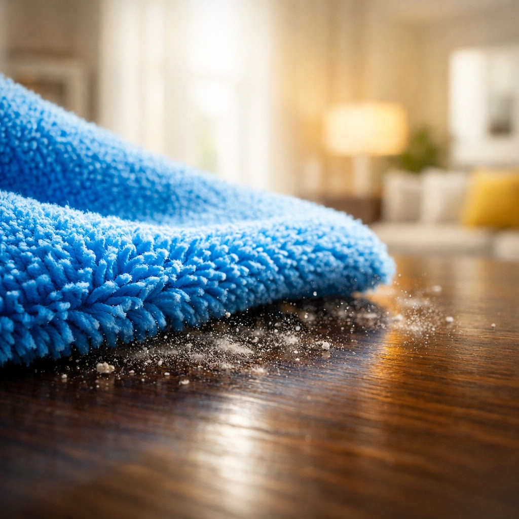 Close-up of a blue microfiber cloth trapping dust on a polished wood table for eco-friendly cleaning.