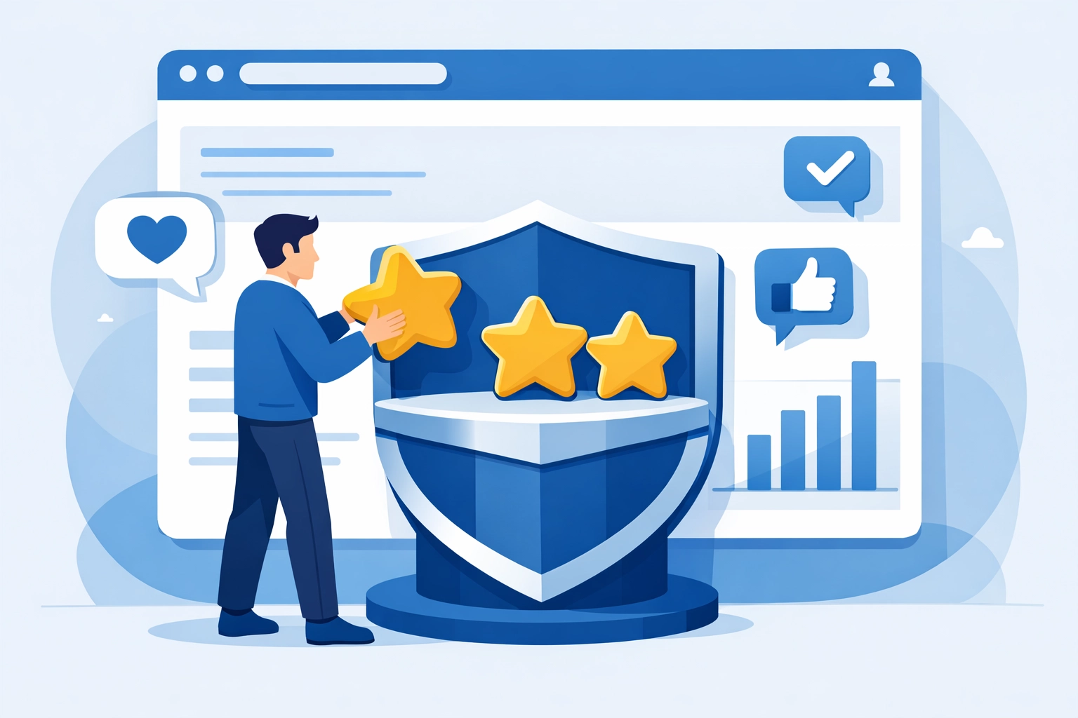 Reputation management illustration showing high-star reviews building trust for a local service.