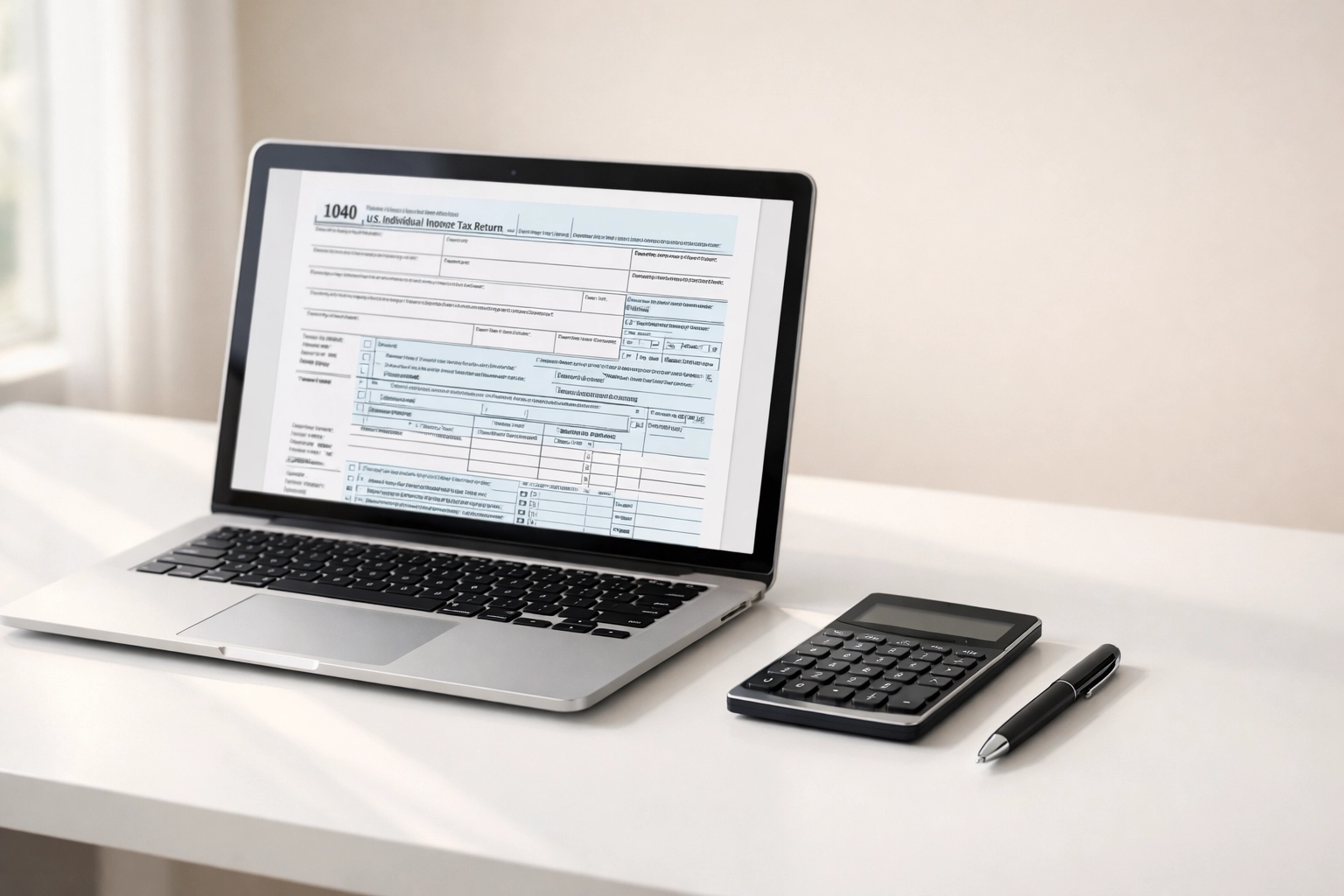 Tax preparation workspace with laptop displaying tax forms and calculator for beginners