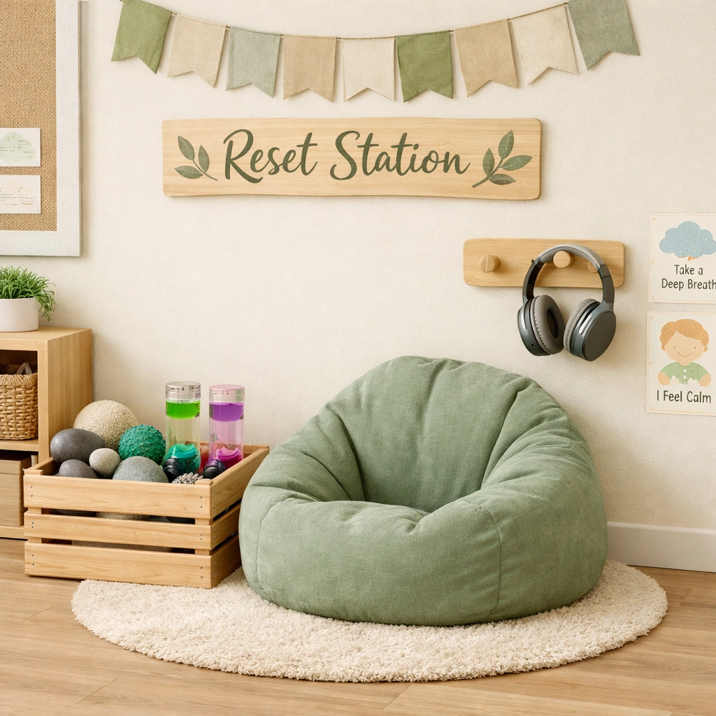 A calming classroom reset station with a beanbag and sensory tools to support inclusive classroom strategies.