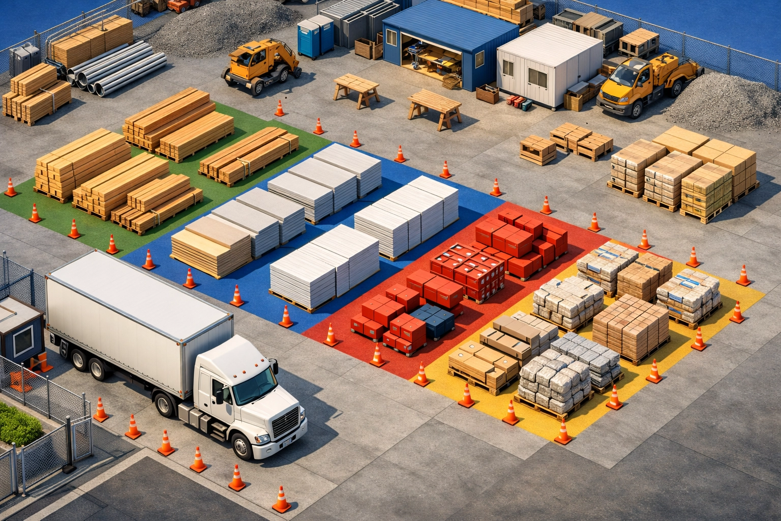 Organized construction job site with delivery truck and materials ready for efficient project planning