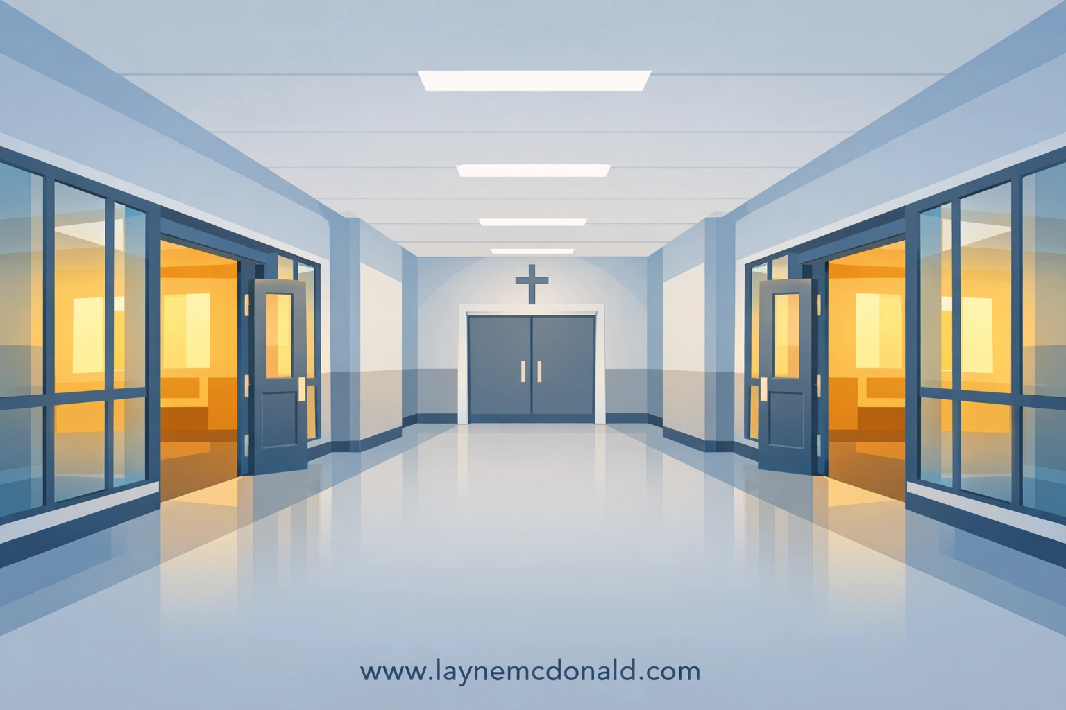 A bright church hallway illustration showing open doors and windows for child safety visibility.