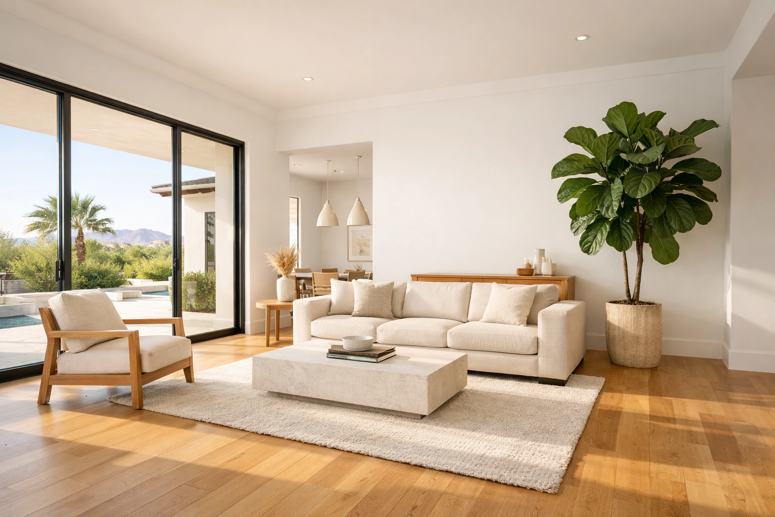 Modern Phoenix living room with light-oak flooring and high home valuation potential.