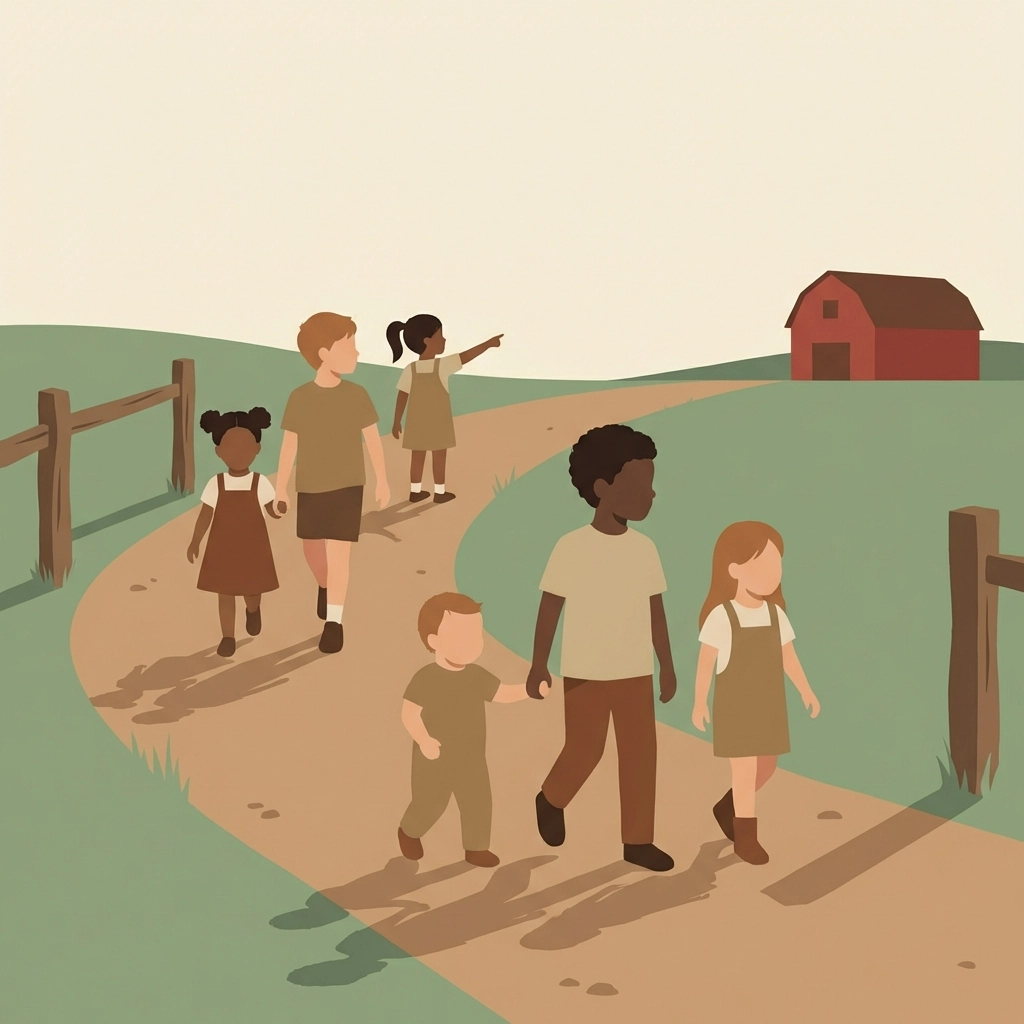 Children of all ages walk along a farm path, highlighting group activity in a farm scavenger hunt.