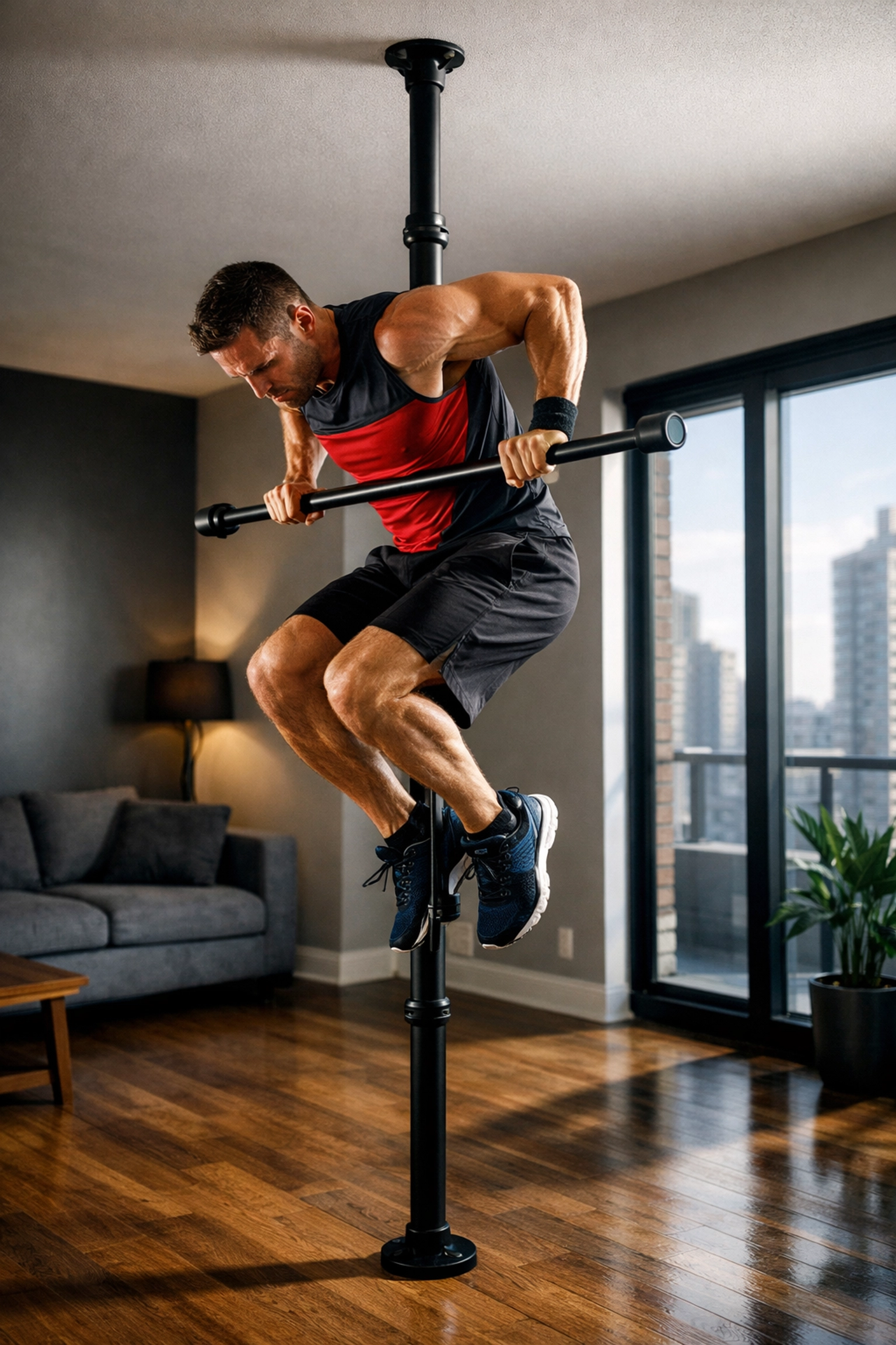 Athlete performing muscle-up on floor-to-ceiling pull-up bar in apartment living room