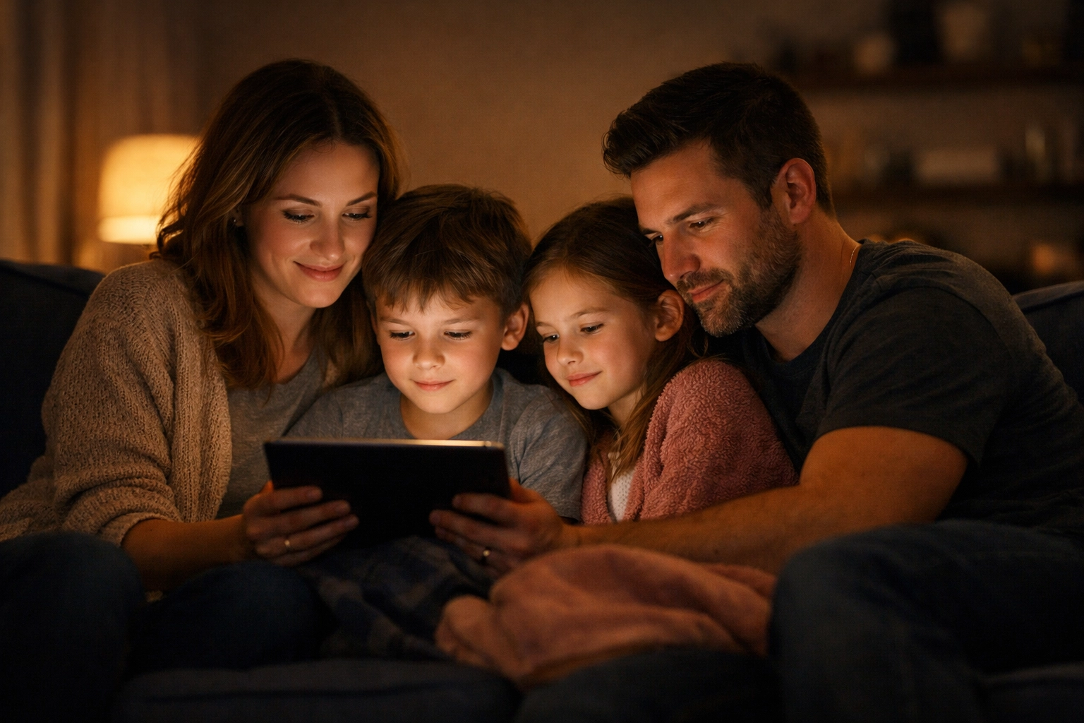 A family using a tablet for digital discipleship and Bible study in their living room.