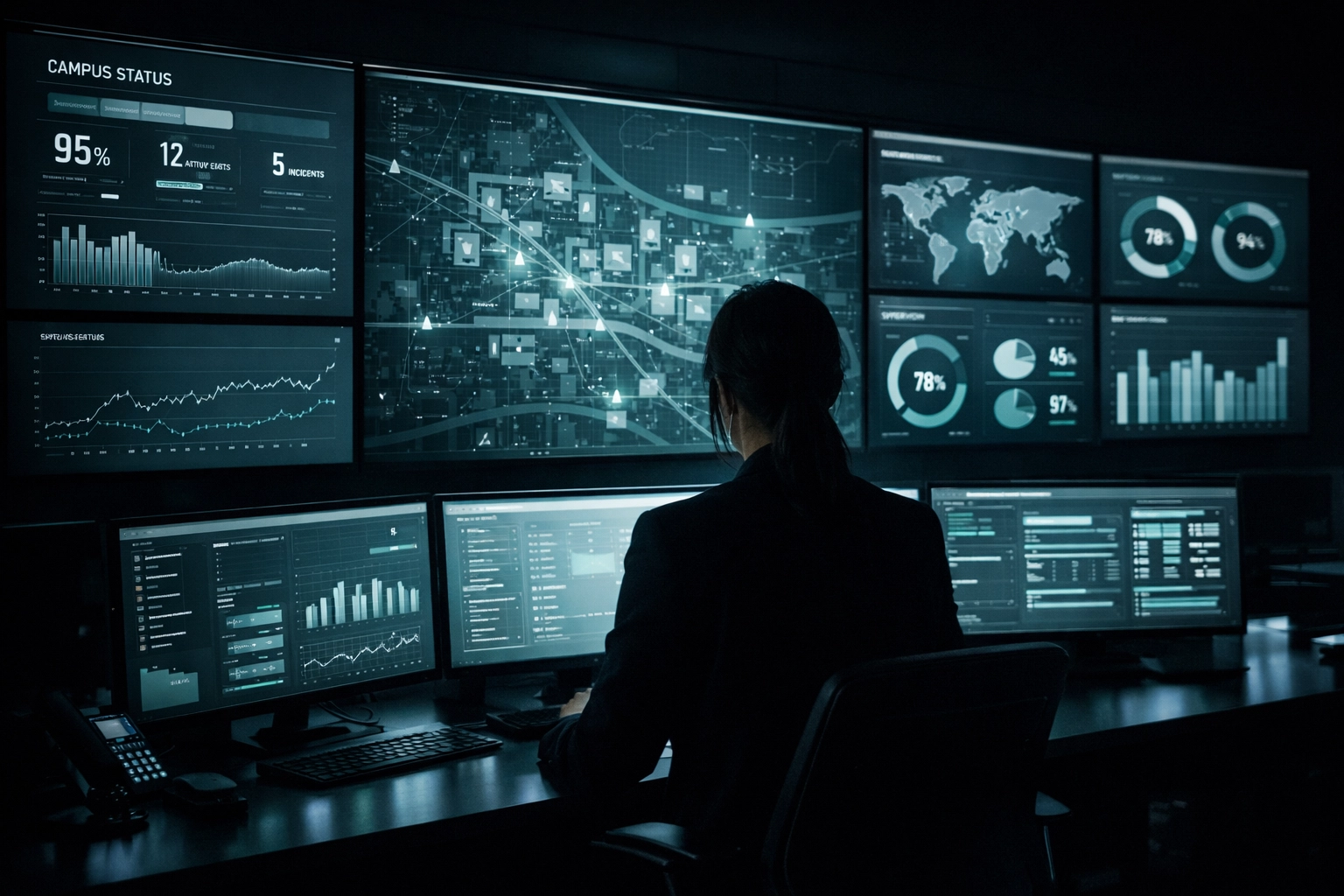 Modern campus emergency operations center monitor displays for real-time crisis response communication.