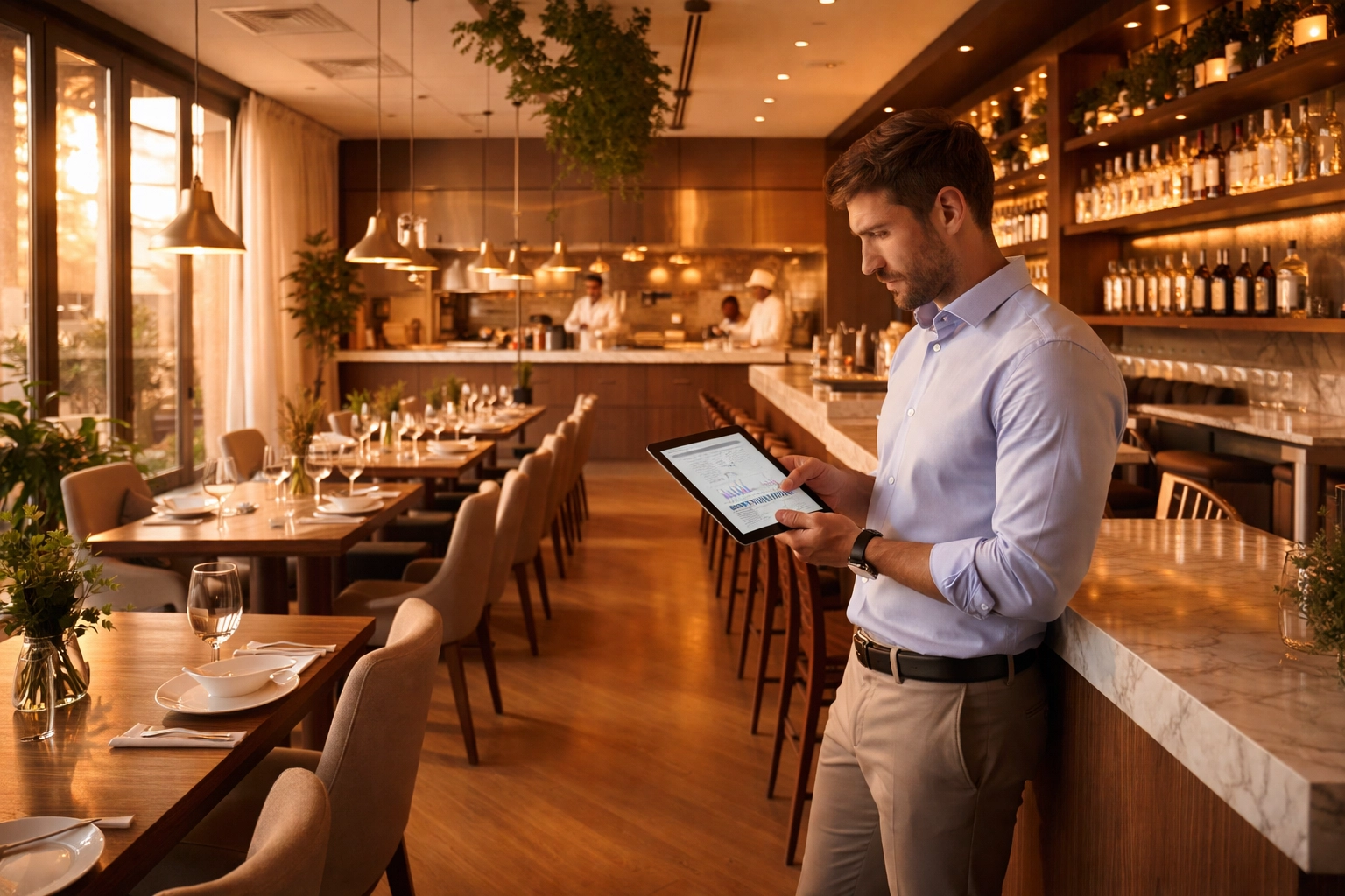 Modern restaurant interior with a manager reviewing analytics, highlighting efficient restaurant operations and growth strategy