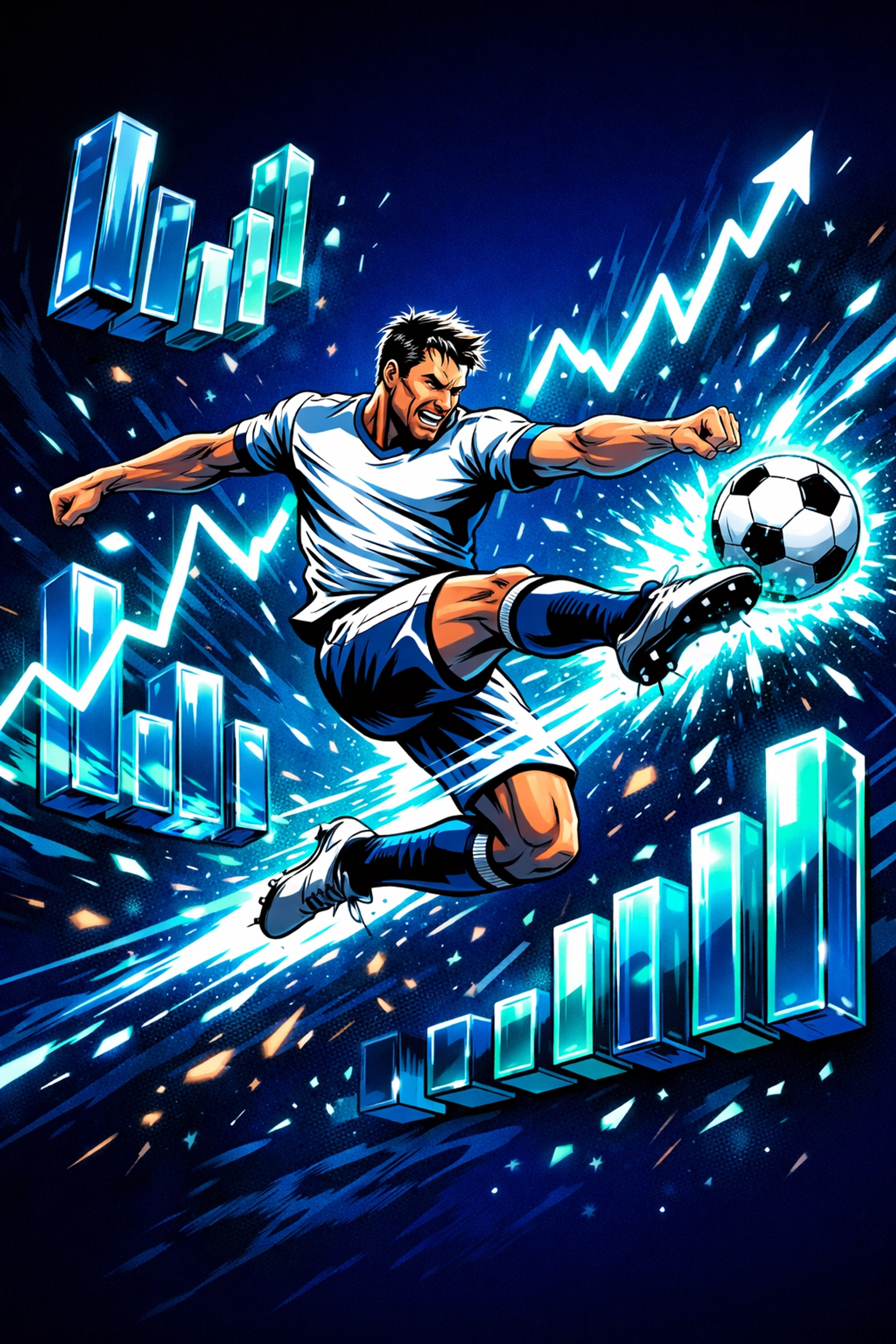 Soccer player with rising data charts showing athlete valuation growth and player token market trends