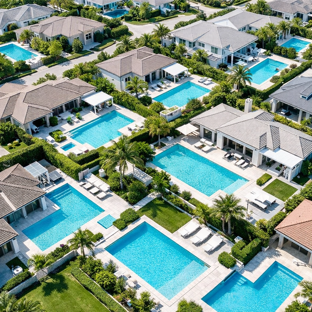 Aerial photography of a dense pool route in a luxury suburb, showing high profit potential.