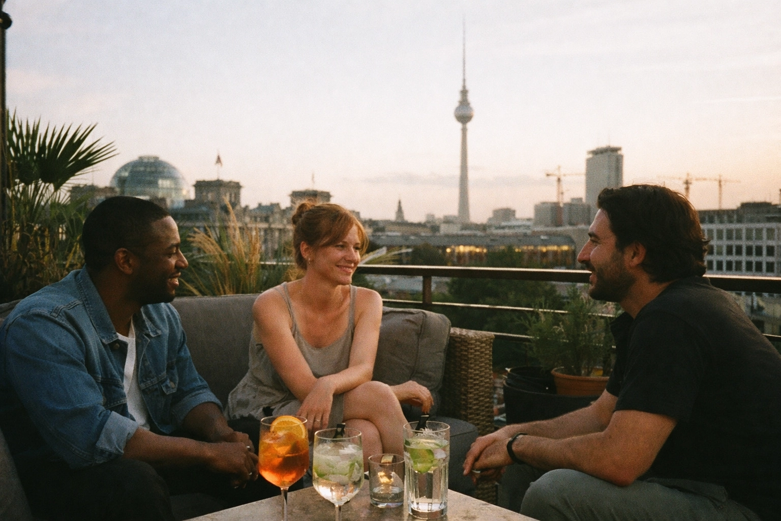 Amano Grand Central rooftop in summer: lounge seating, warm light, low-pressure atmosphere.
