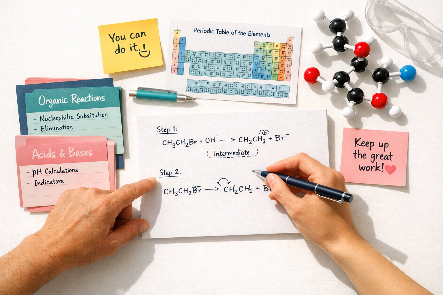 Tutor mentoring student through GCSE Chemistry revision with organised notes and molecular models