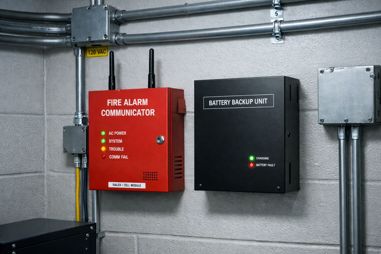 UL 864 certified fire alarm communicator with dual antennas and battery backup system installed
