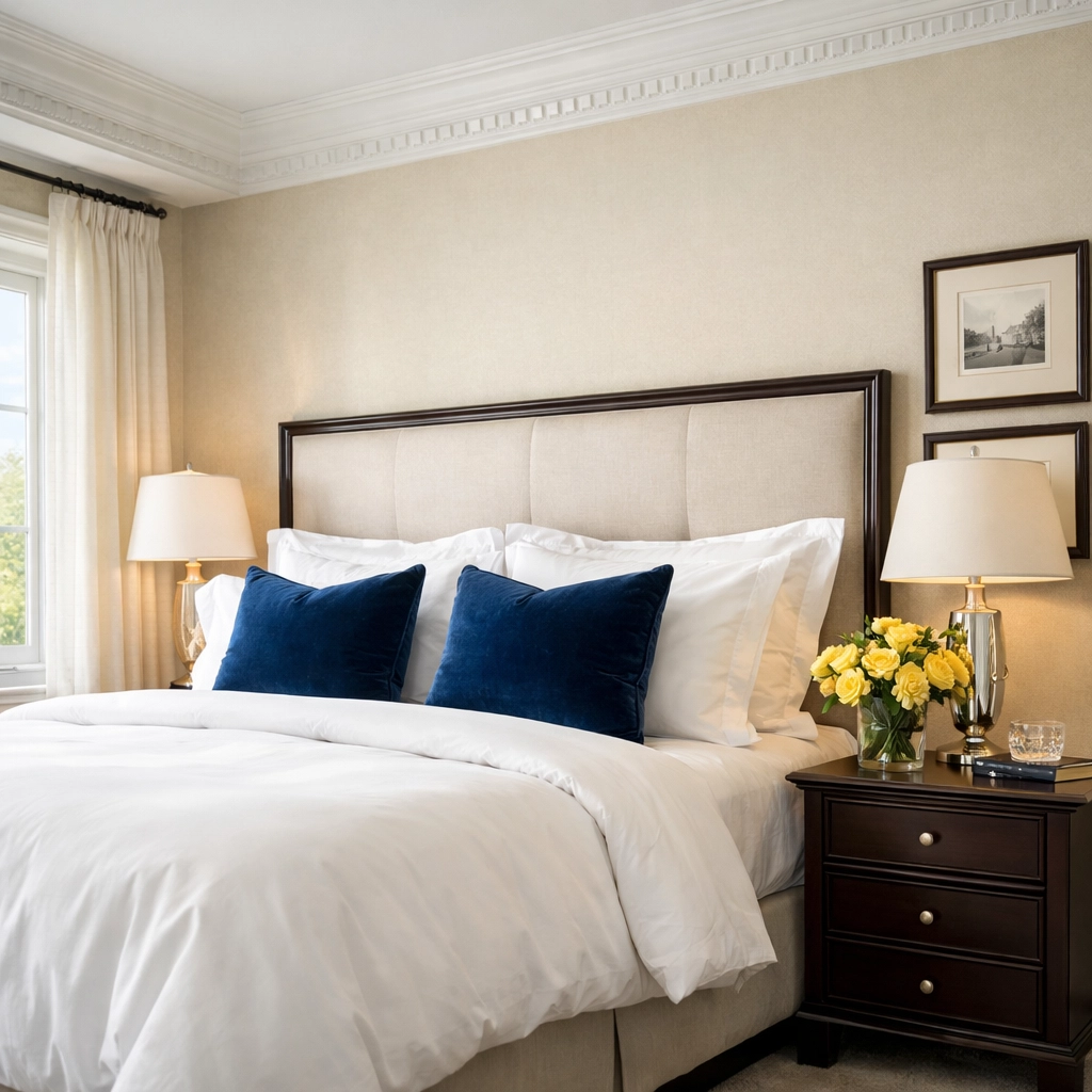 Pristine luxury master bedroom in Dover maintained by recurring residential cleaning Massachusetts services.