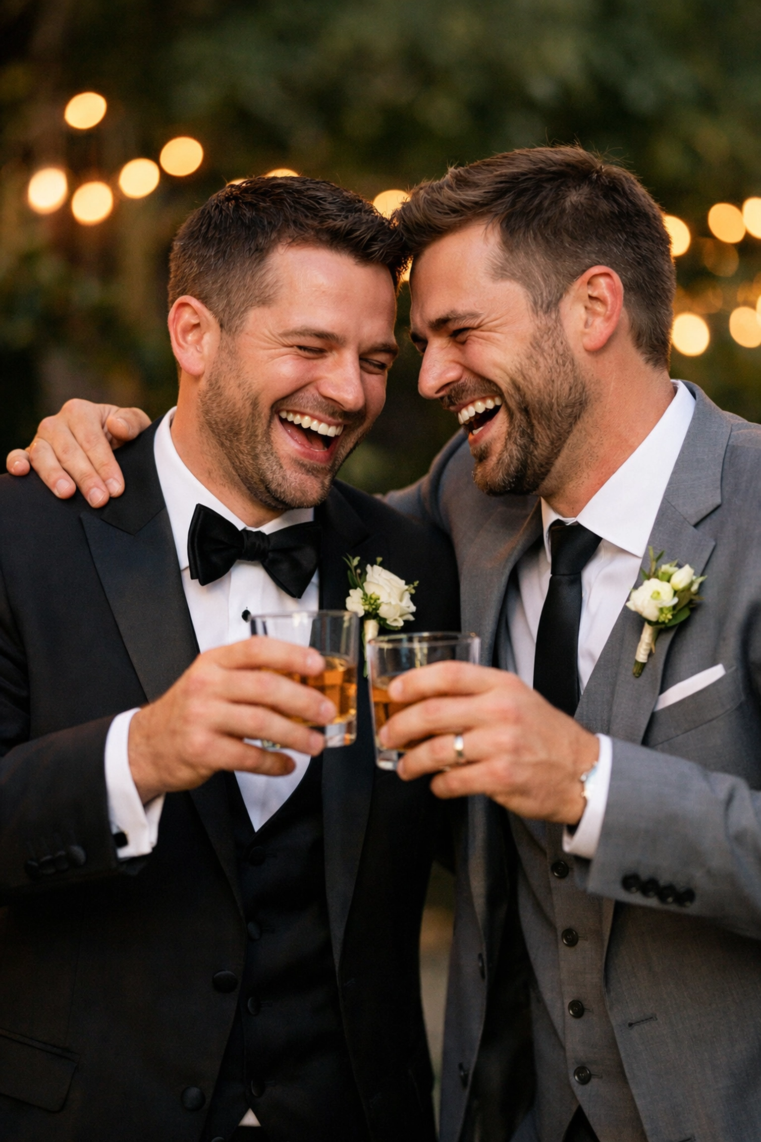 Two men in wedding attire sharing a private toast, highlighting the emotional depth of gay romance novels.