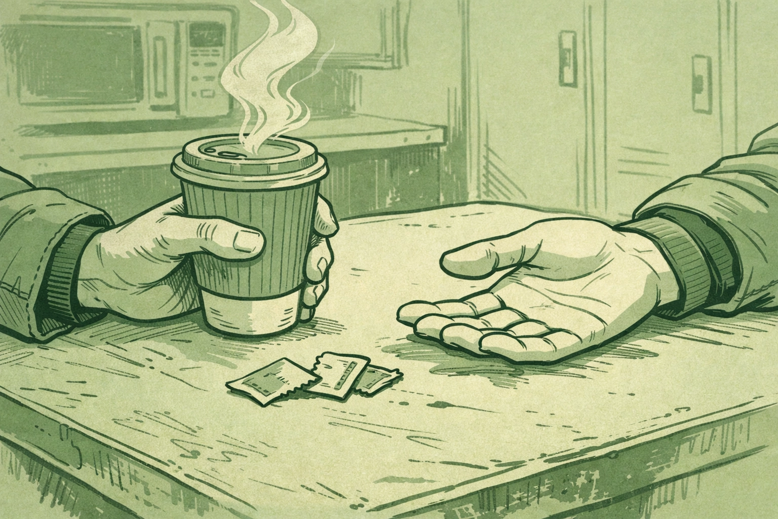 Two men's hands nearly touch across depot break room table with coffee in urban MM romance