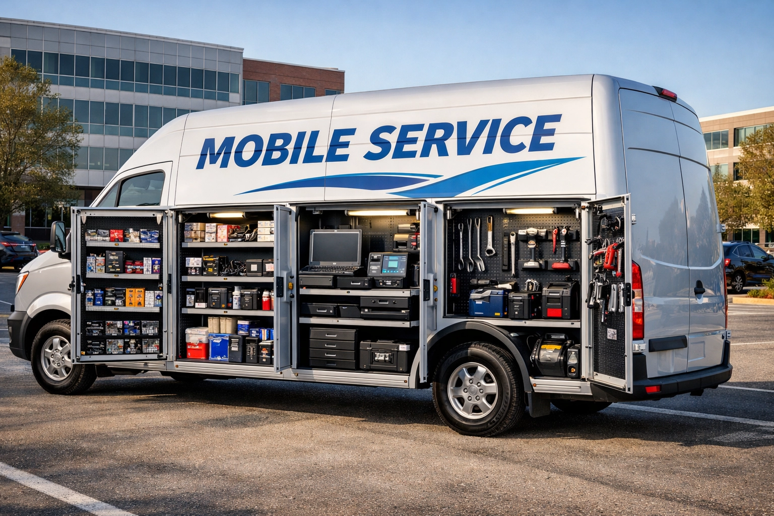Mobile auto service van with open compartments parked near offices in Green Bay for on-site car repair
