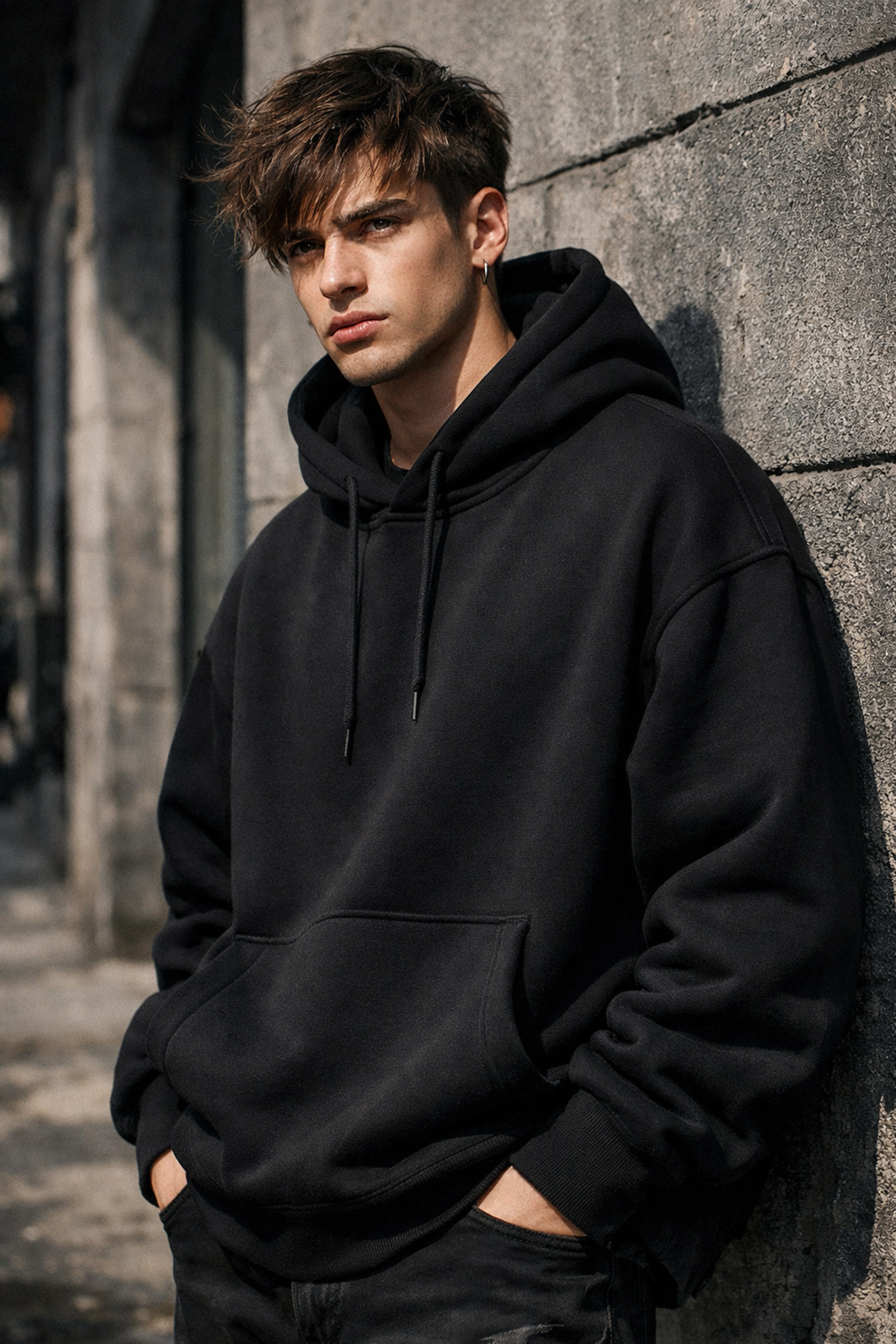 A young man wearing a premium black heavyweight hoodie in a modern urban streetwear style.
