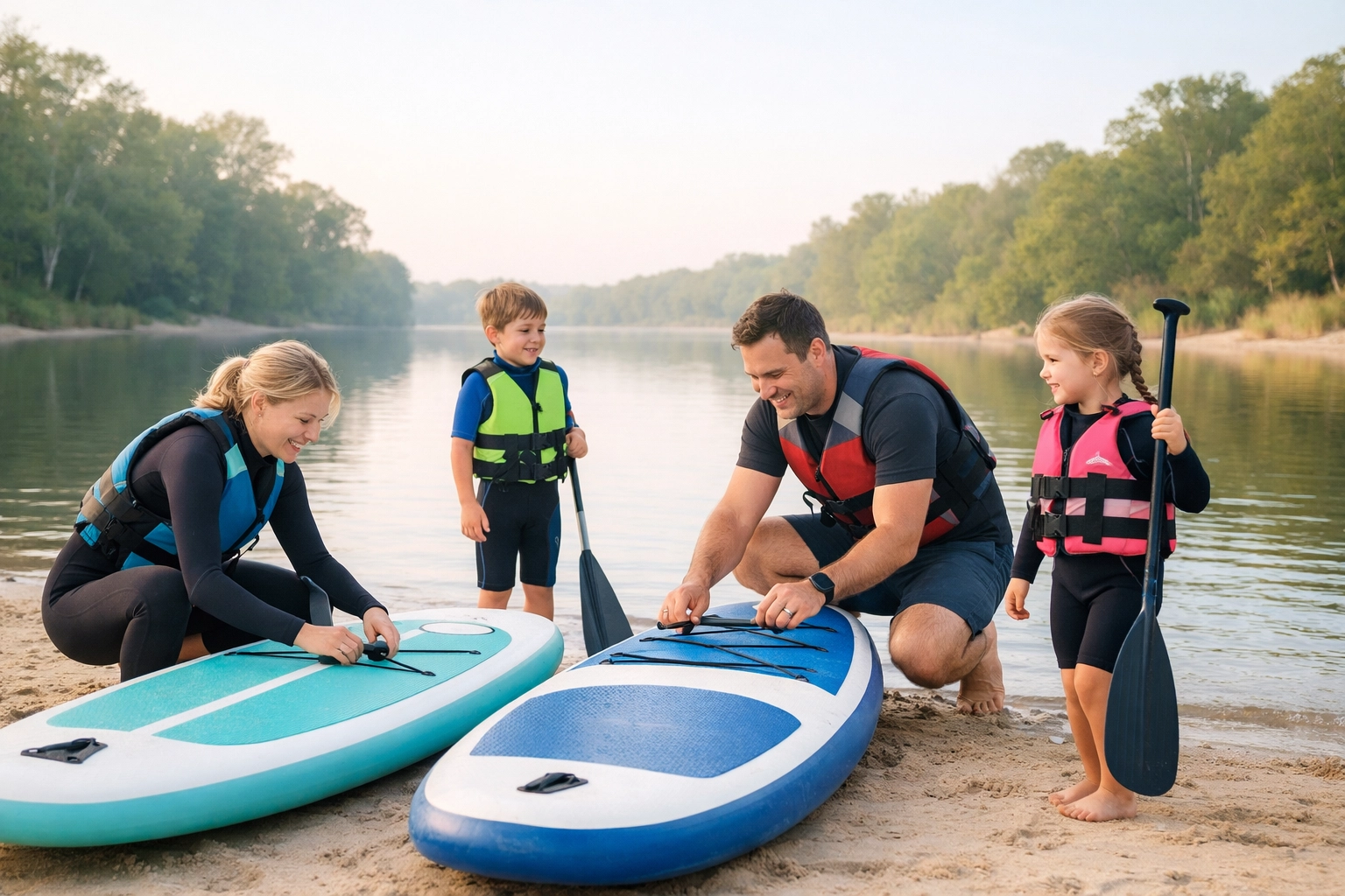 Family preparing to paddle board on sheltered Cornwall creek with calm waters and scenic backdrop