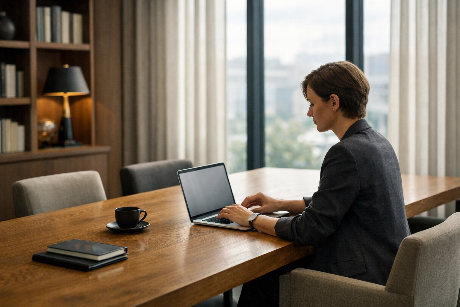 Guest using a laptop in a modern hotel lounge, showing a seamless travel tech innovation experience.
