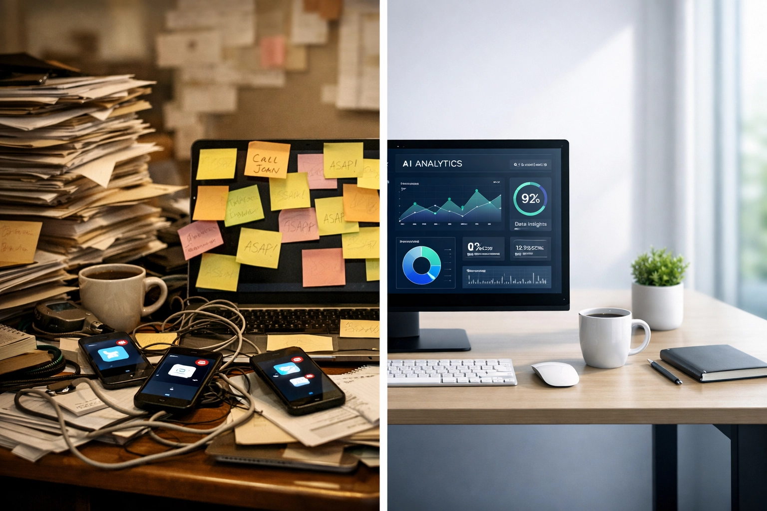 Before and after comparison showing cluttered office transformed into streamlined AI-powered workspace