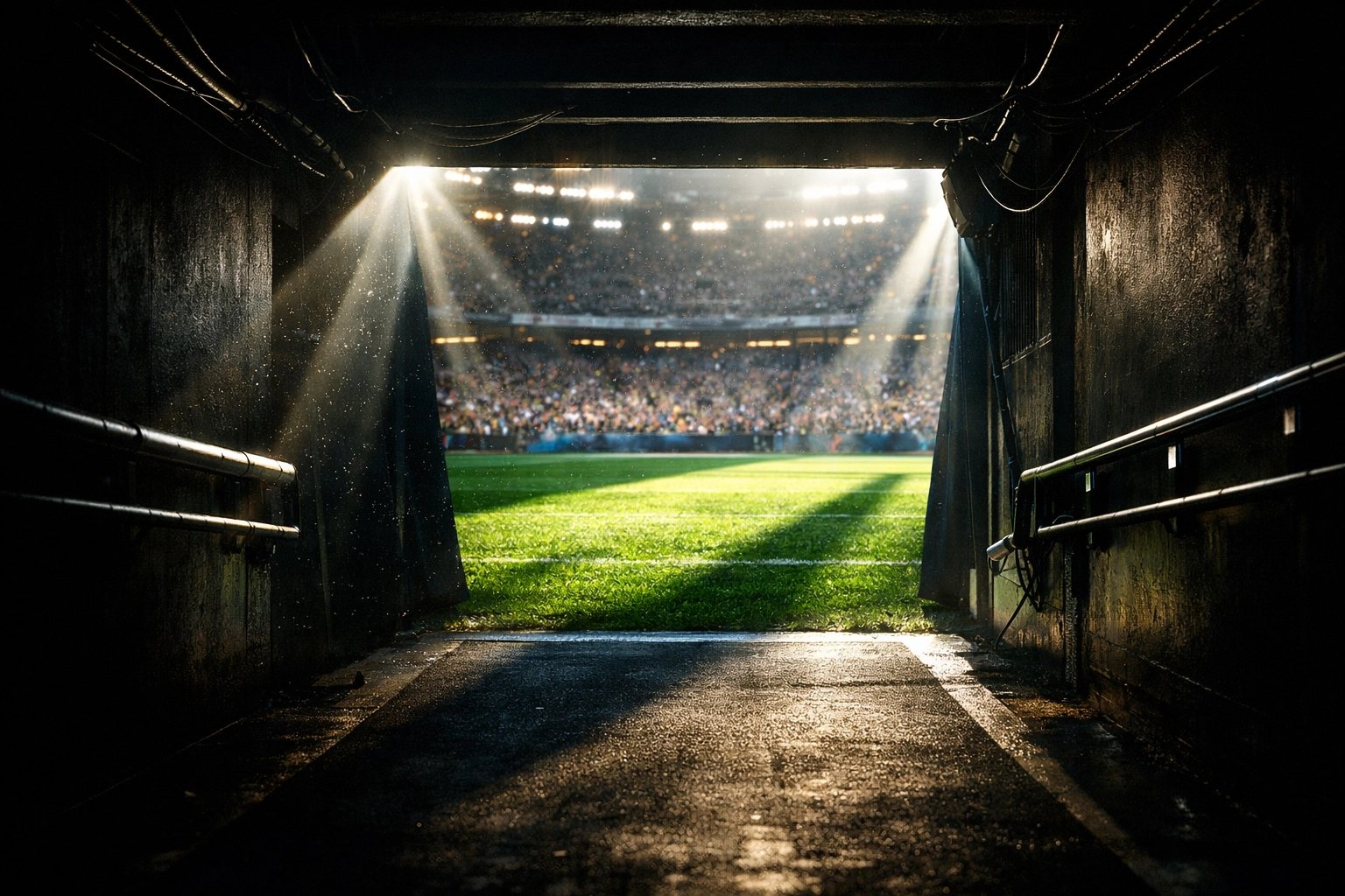 A view from a stadium tunnel onto a bright field, representing long-term success in the sports media industry.