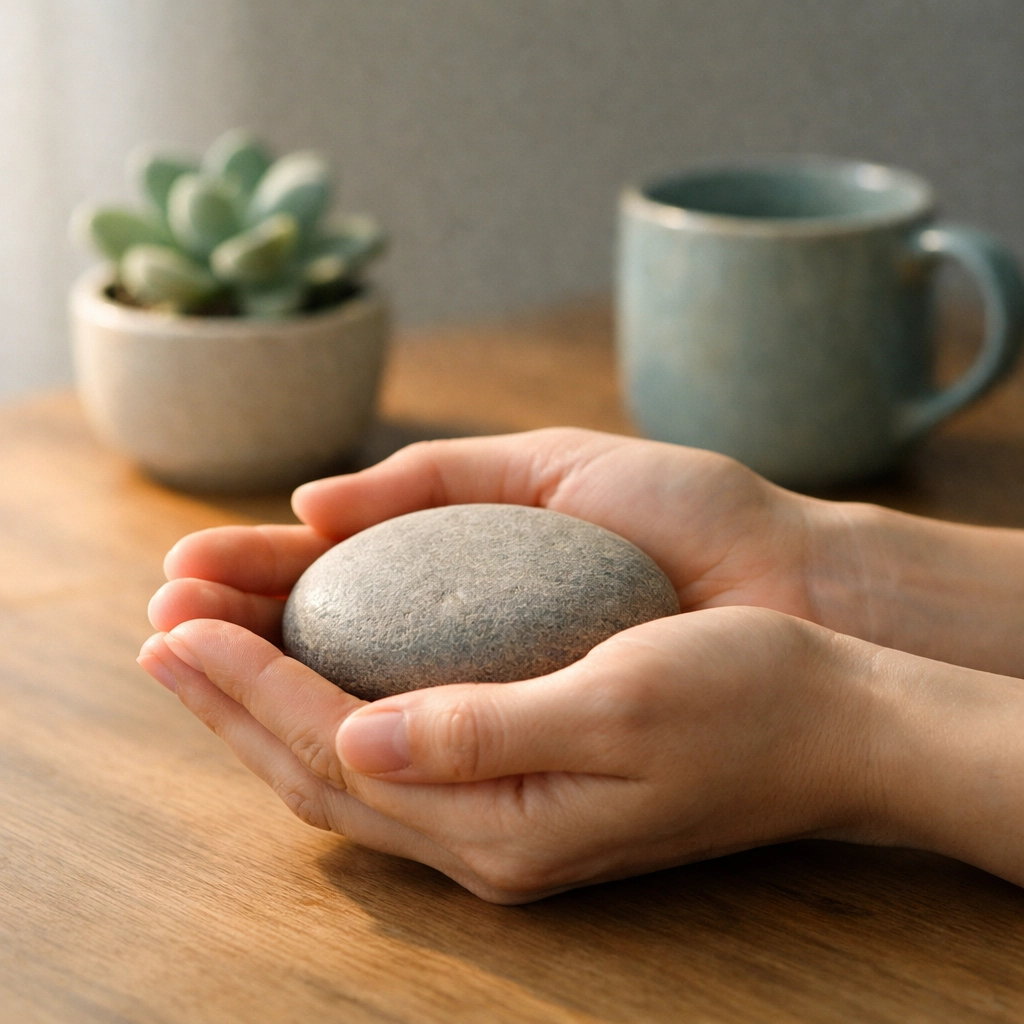 Hands holding a smooth stone symbolizing grounding and emotional processing during LGBTQ+ affirming EMDR therapy.