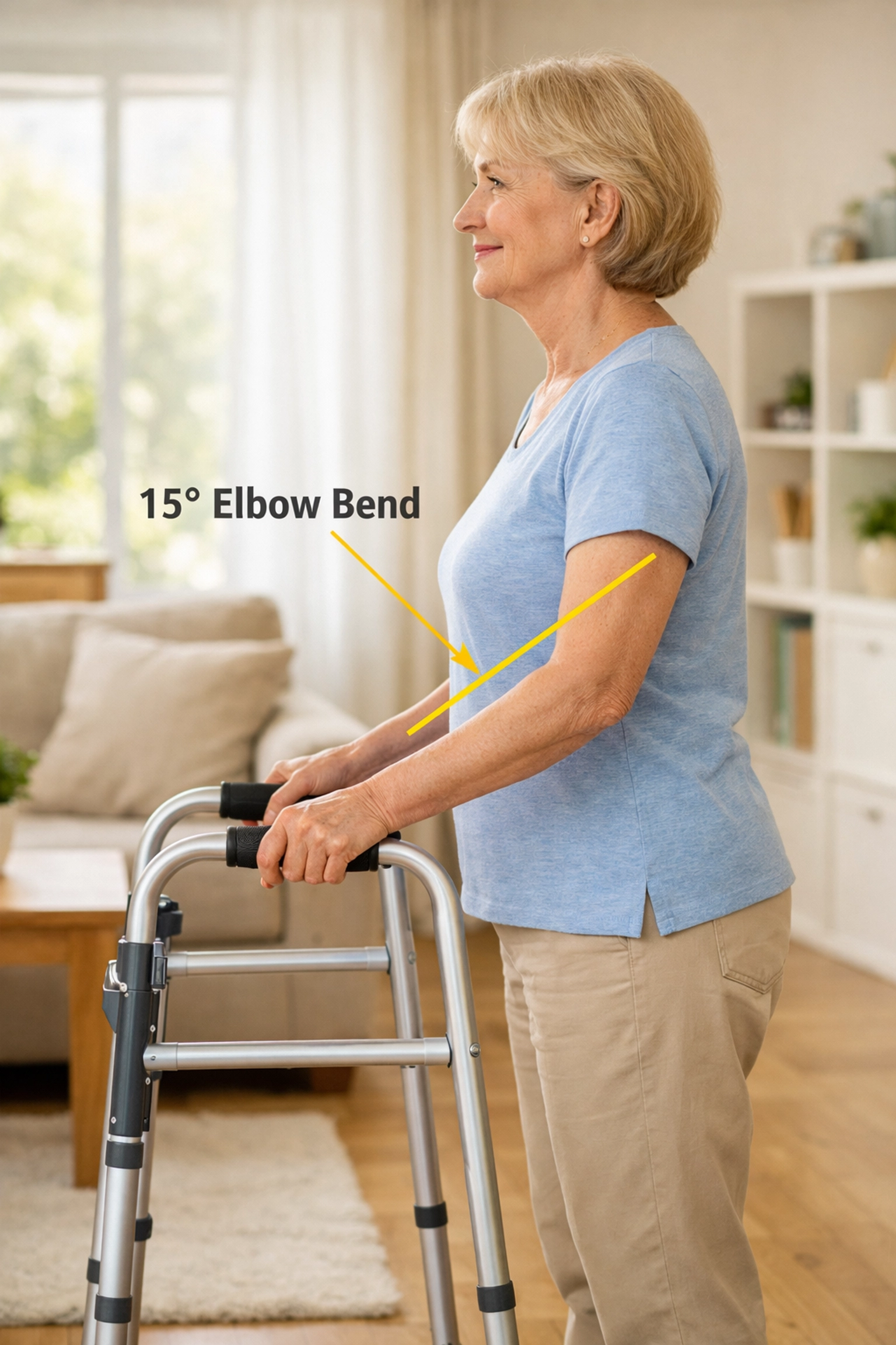 Correct walker height adjustment showing proper elbow bend and wrist alignment