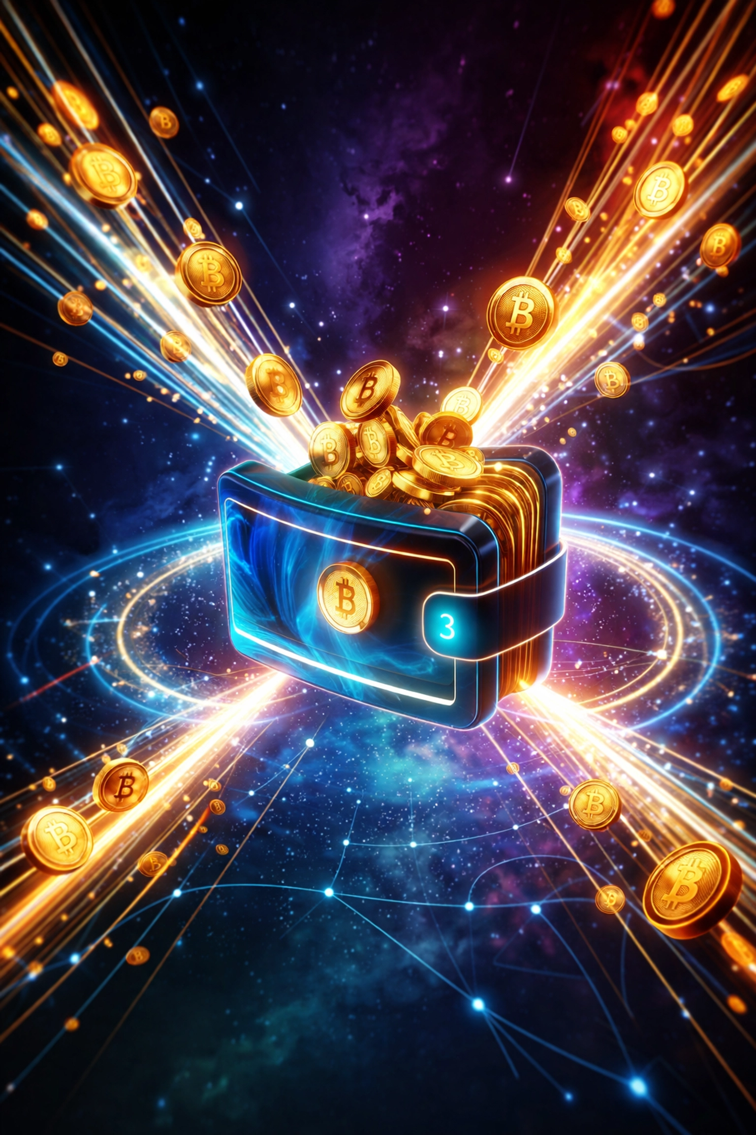 Digital wallet in space receiving cryptocurrency, symbolizing Larecoin gas-only fee and direct Web3 payments