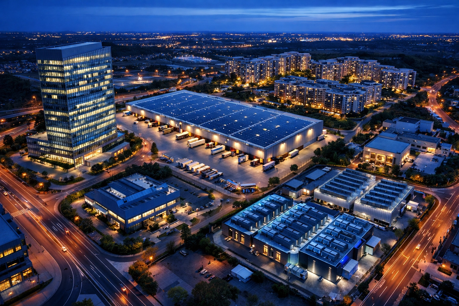 Aerial view of diversified real estate portfolio including offices and data centers