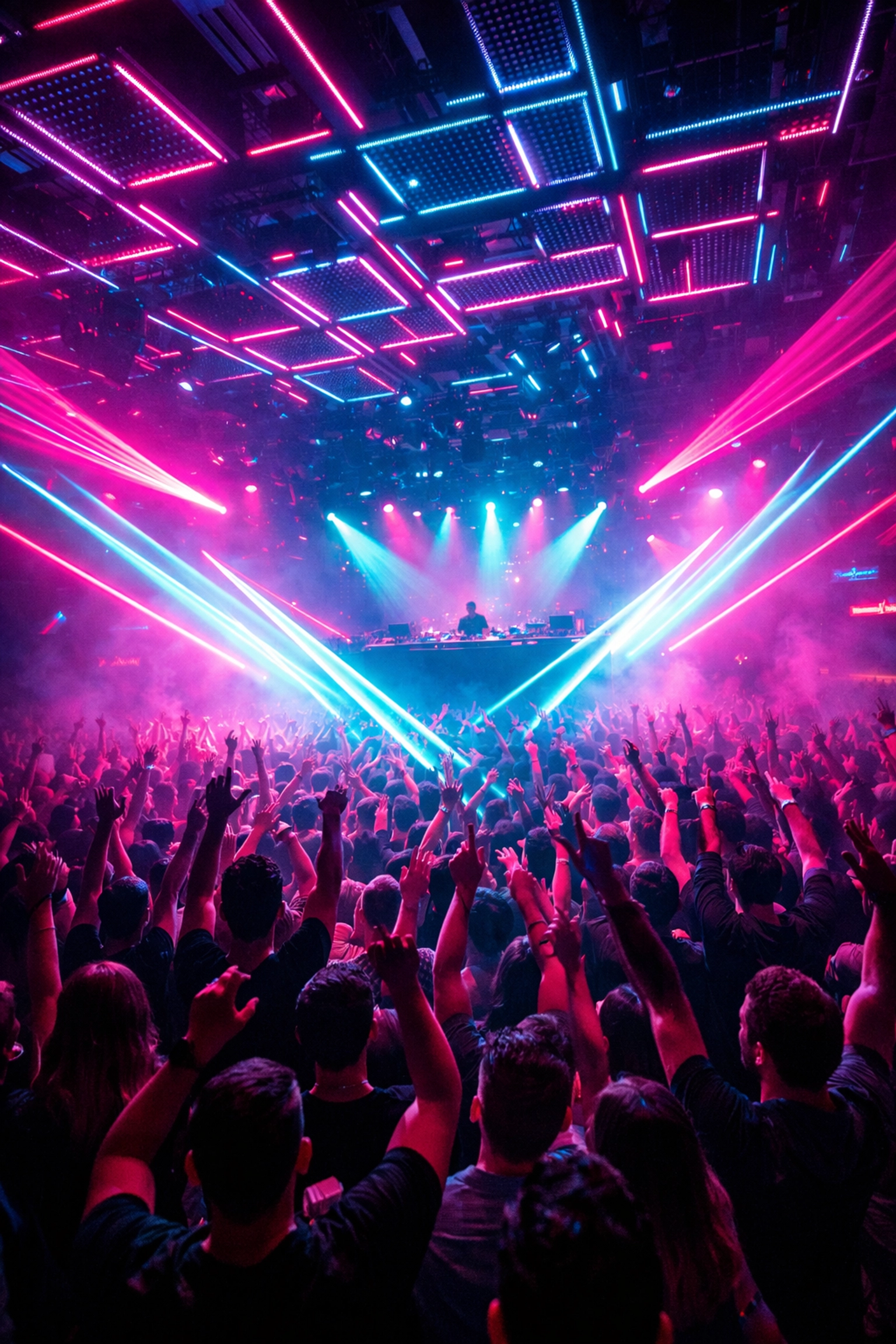 Packed Vegas nightclub dance floor with DJ booth and laser light show