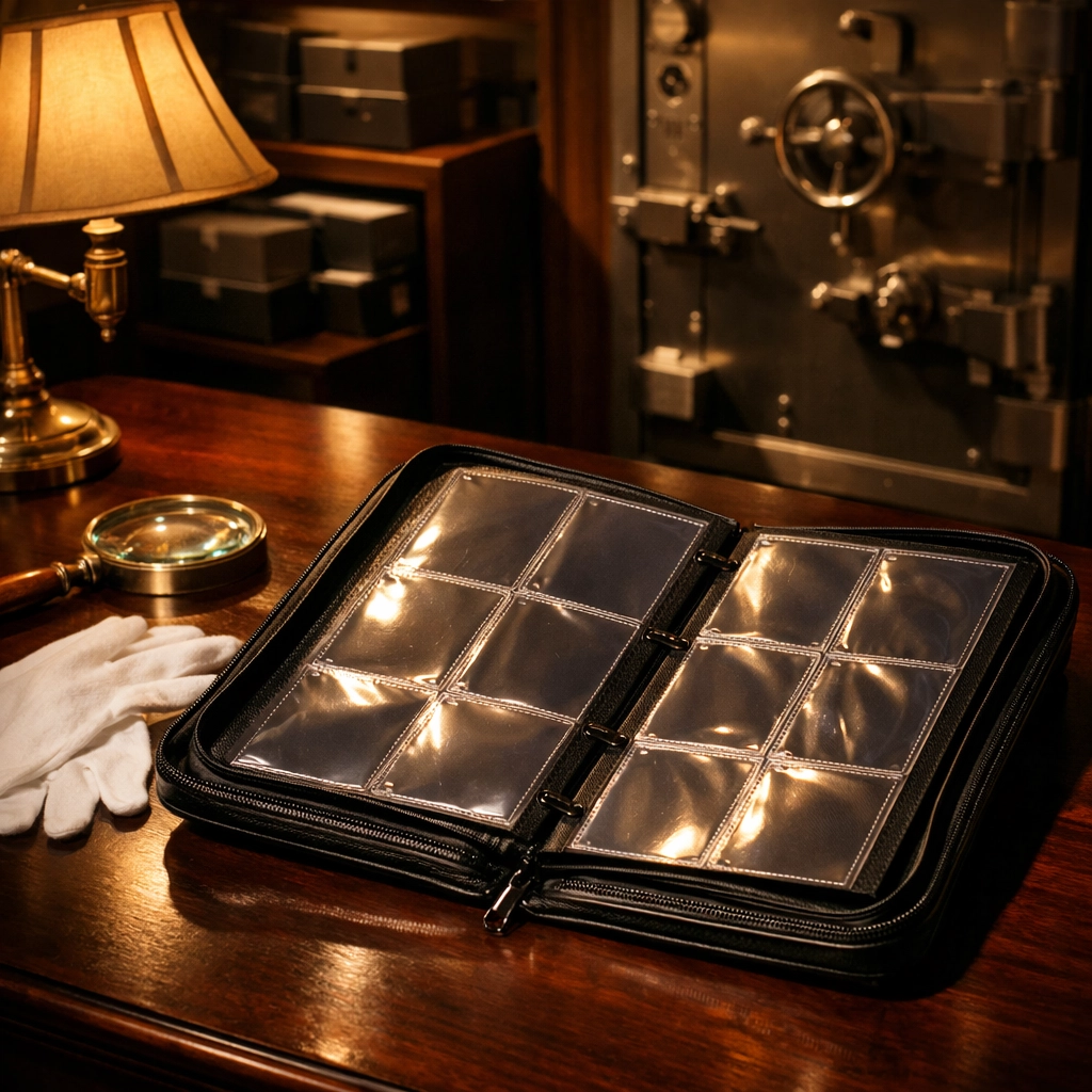 Professional Pokémon card collector's vault with a premium binder and inspection tools for rare cards.