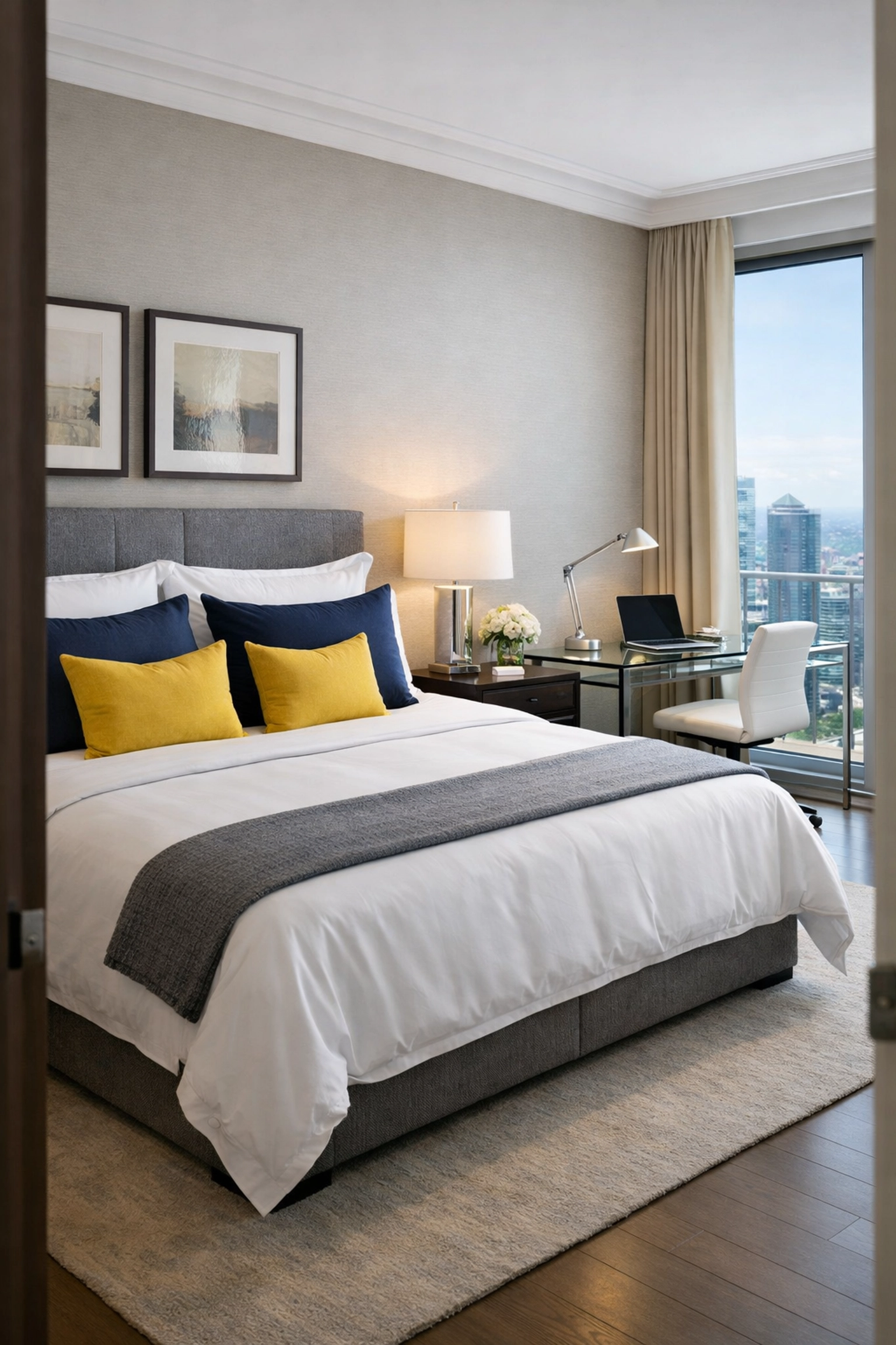 Master bedroom in a Boston high-rise after a professional apartment cleaning Boston service with organized surfaces.