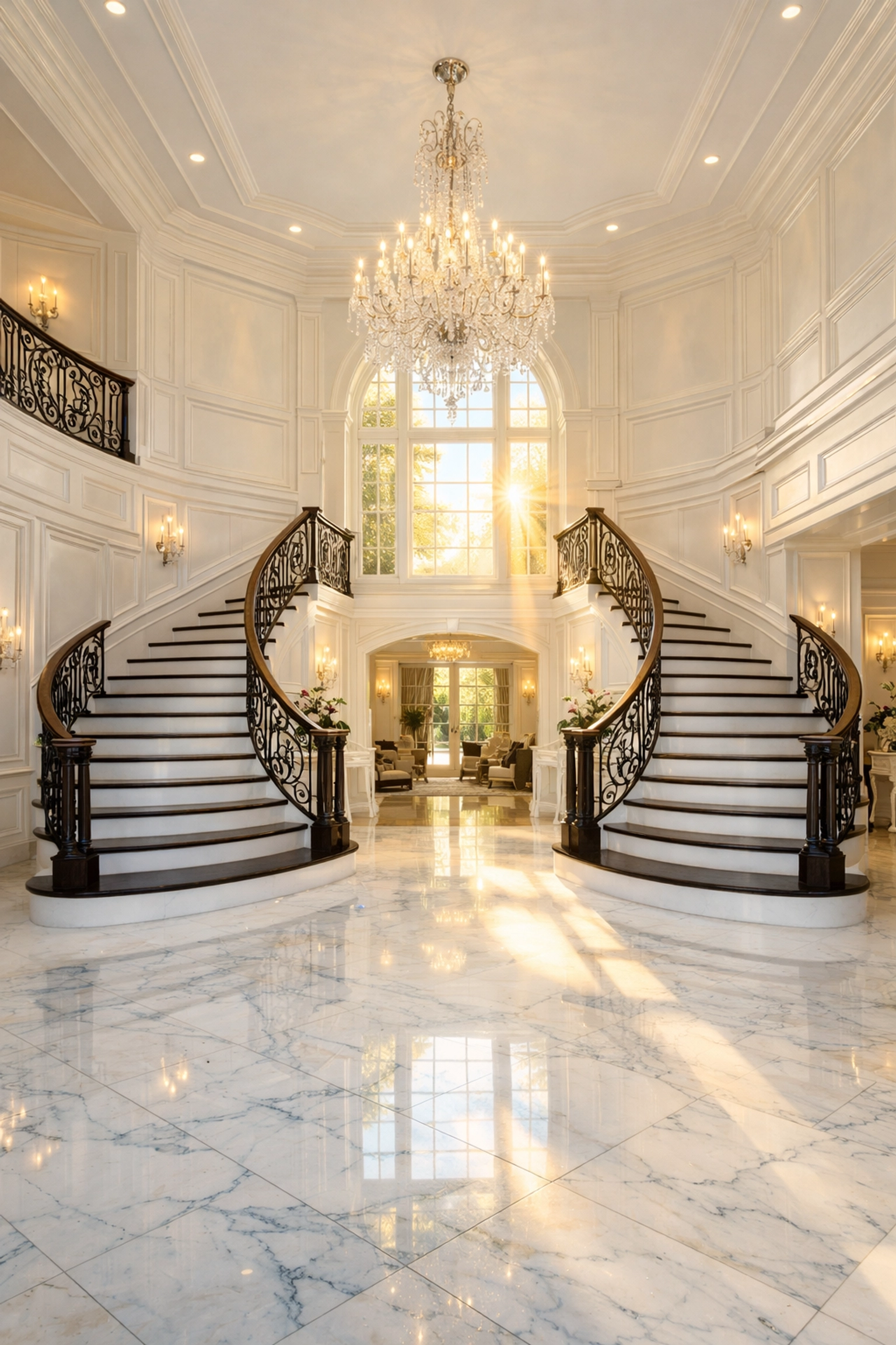 Pristine white marble foyer in a luxury Dover estate, showcasing elite residential cleaning Massachusetts.